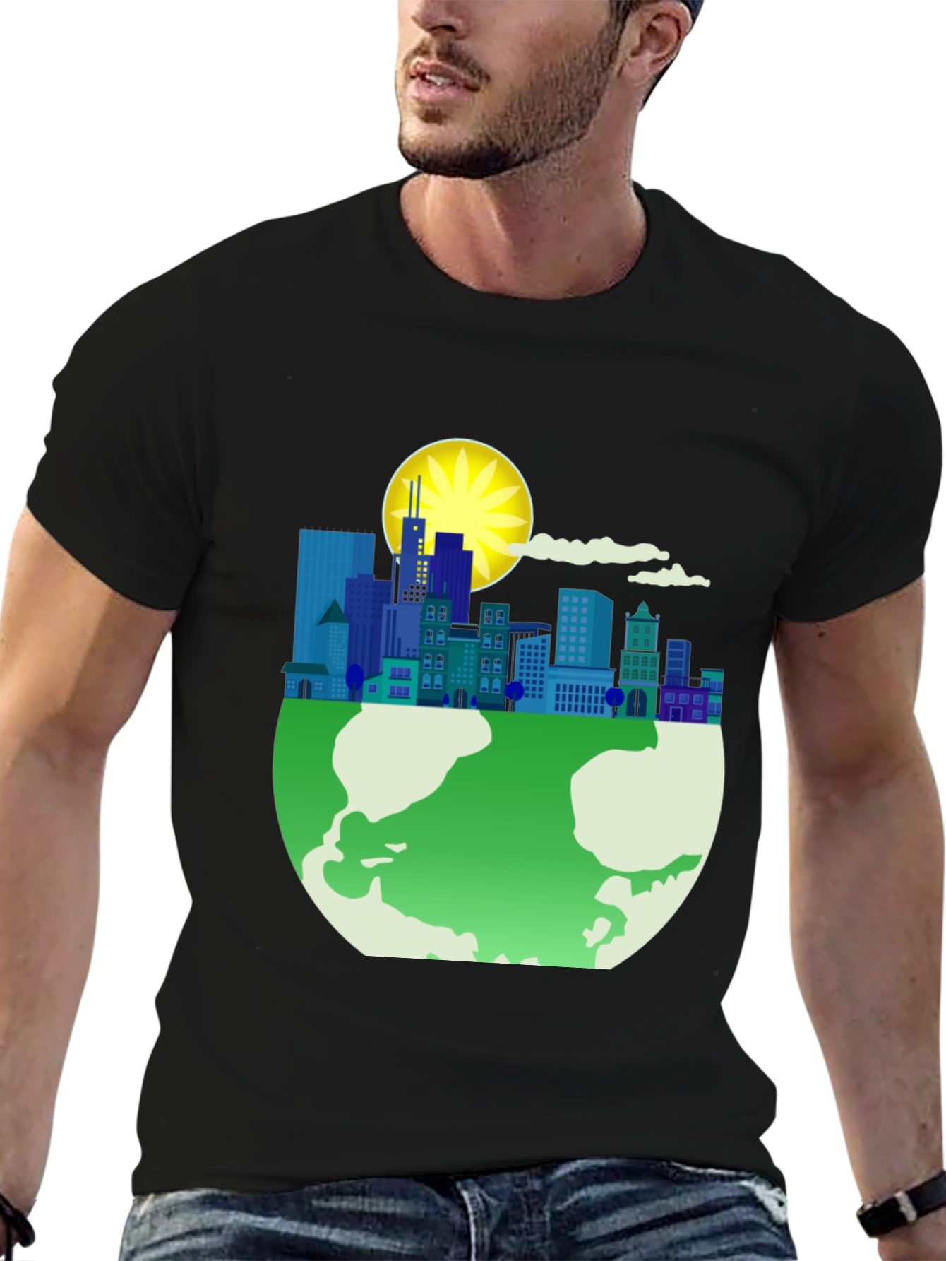 Eco-Friendly Cityscape Earth Graphic Tee - Black