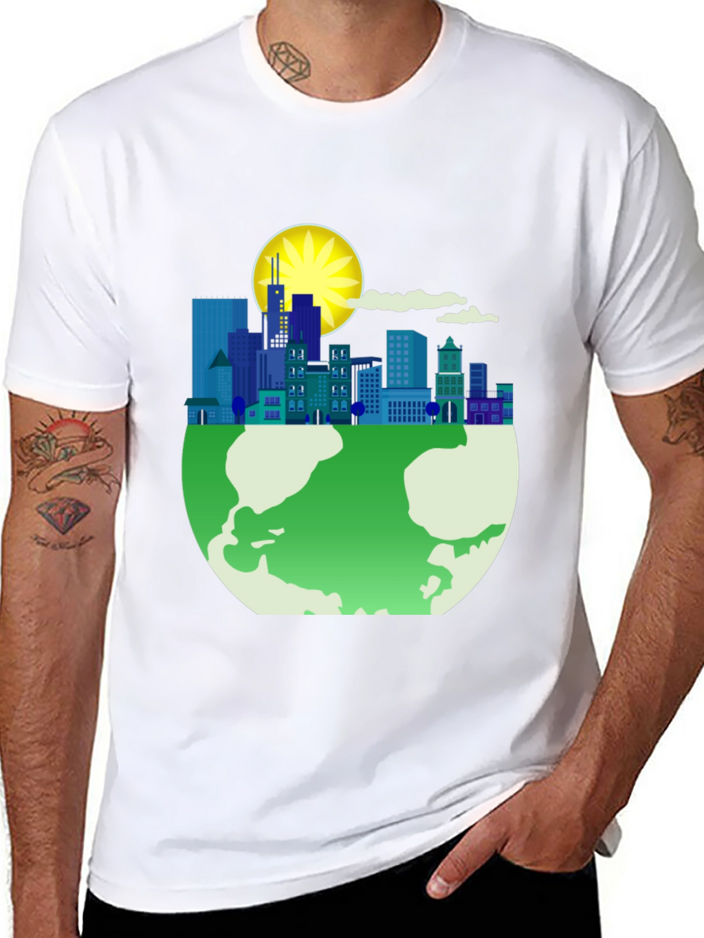 Eco-Friendly Cityscape Earth Graphic Tee - Black
