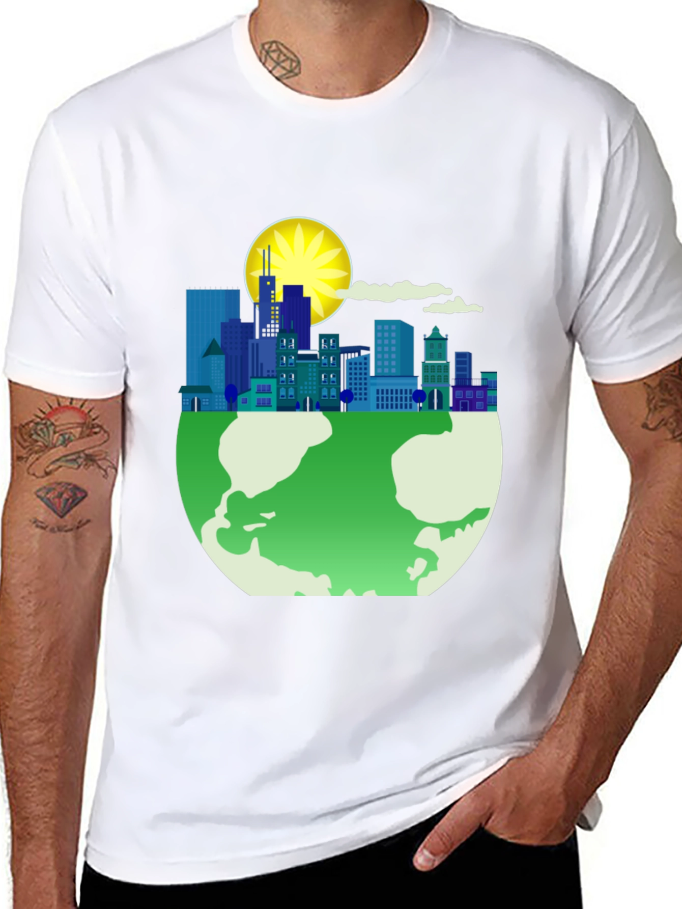 Eco-Friendly Cityscape Earth Graphic Tee - Black