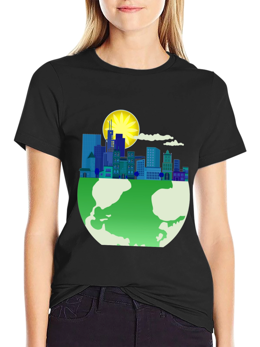 Eco-Friendly Cityscape Earth Graphic Tee - Black