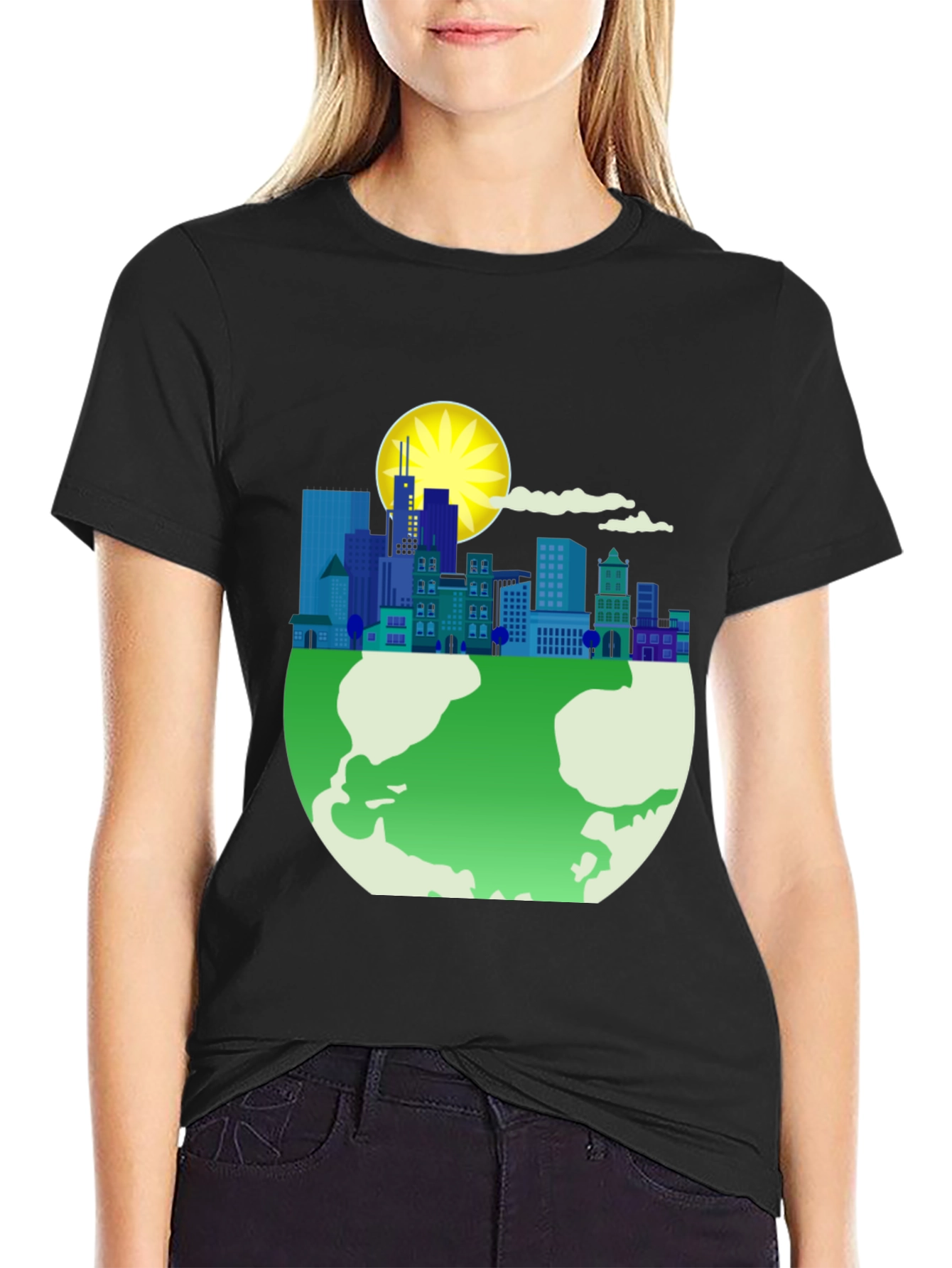 Eco-Friendly Cityscape Earth Graphic Tee - Black