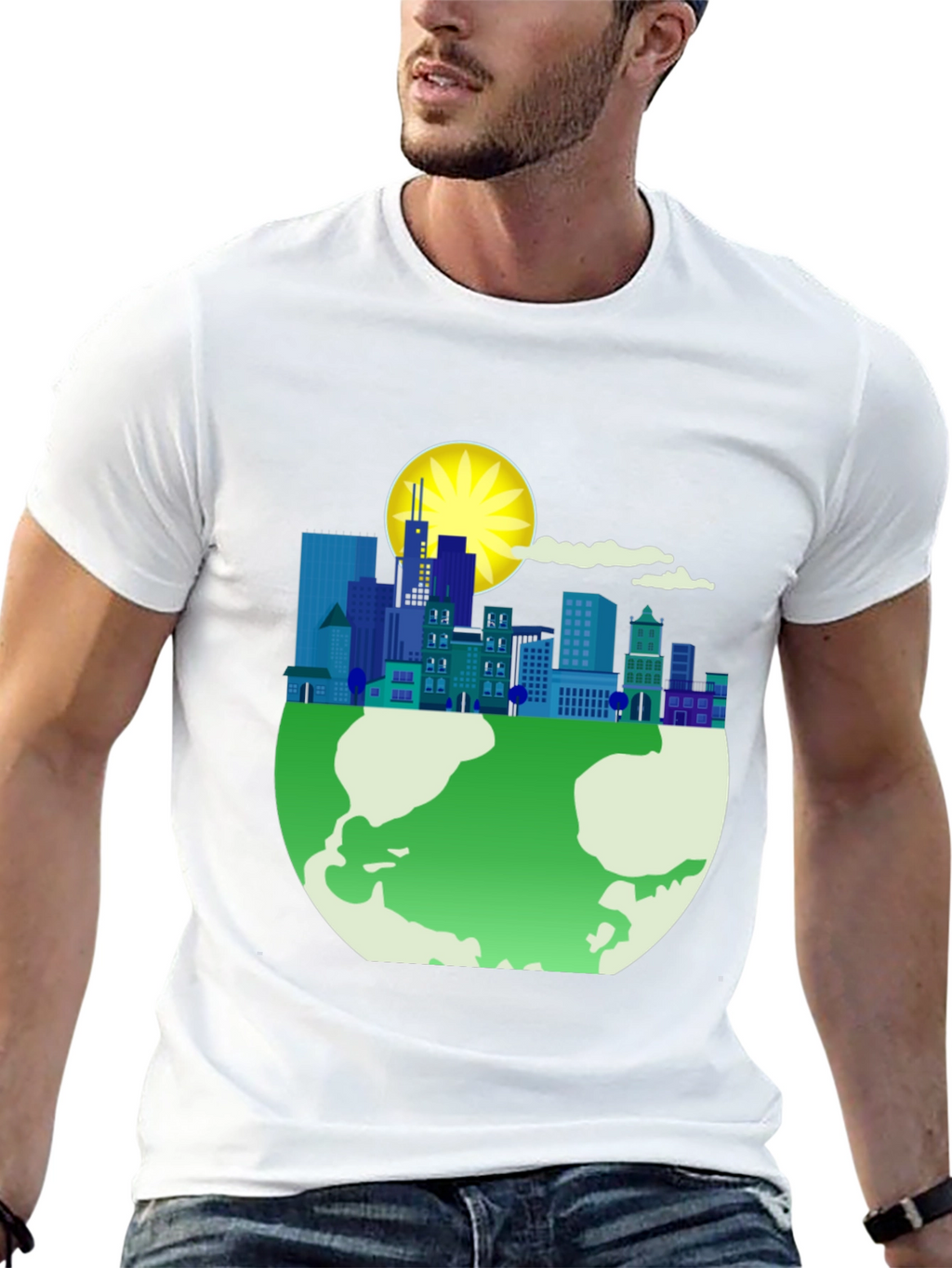 Eco-Friendly Cityscape Earth Graphic Tee - Black