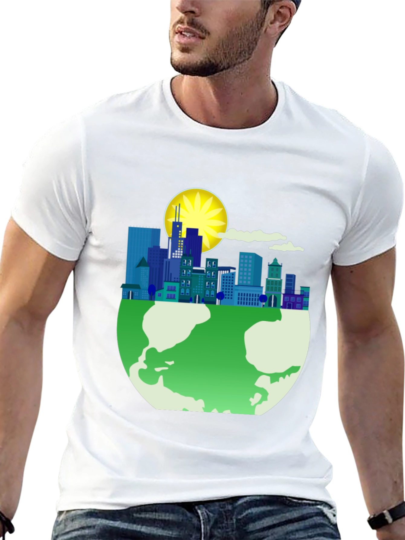 Eco-Friendly Cityscape Earth Graphic Tee - Black