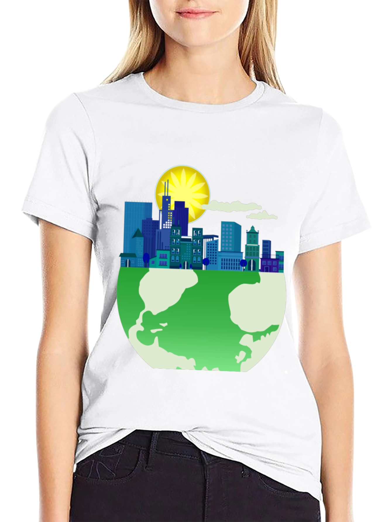 Eco-Friendly Cityscape Earth Graphic Tee - Black