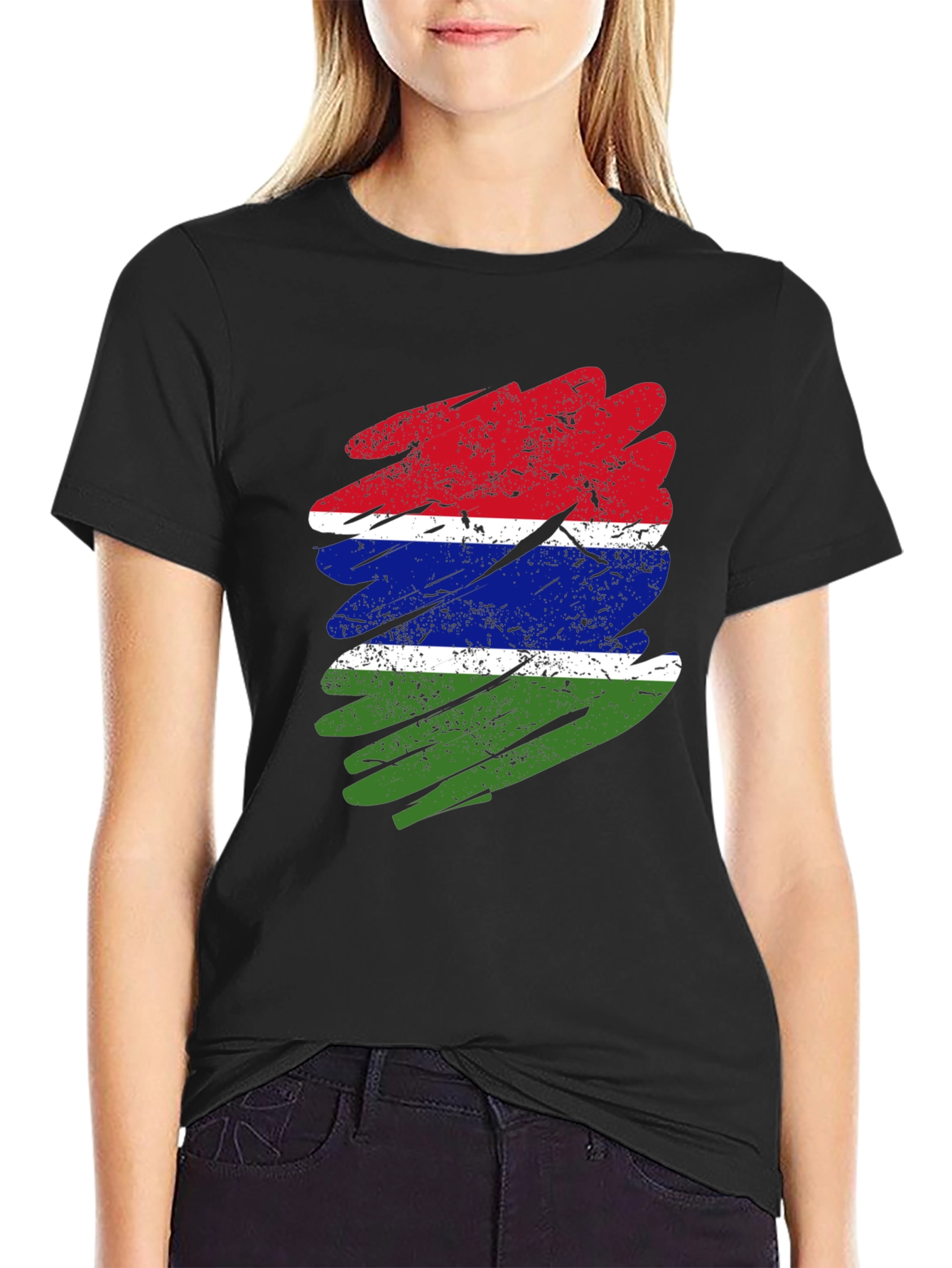 Gambia Flag Distressed T-Shirt - Black