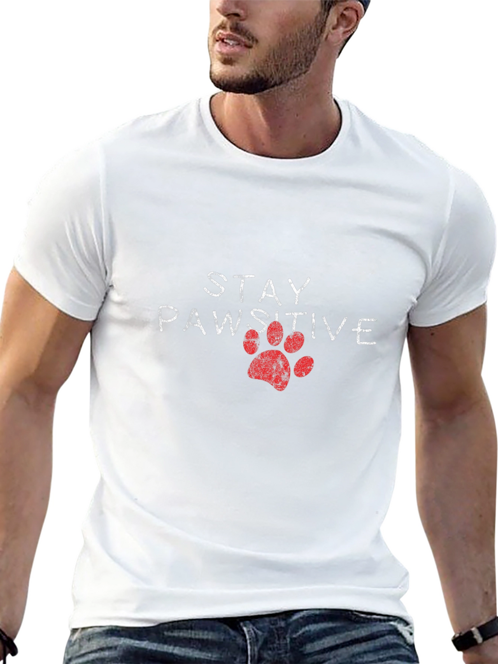 Stay Pawsitive Tee: Red Paw Print Graphic T-Shirt