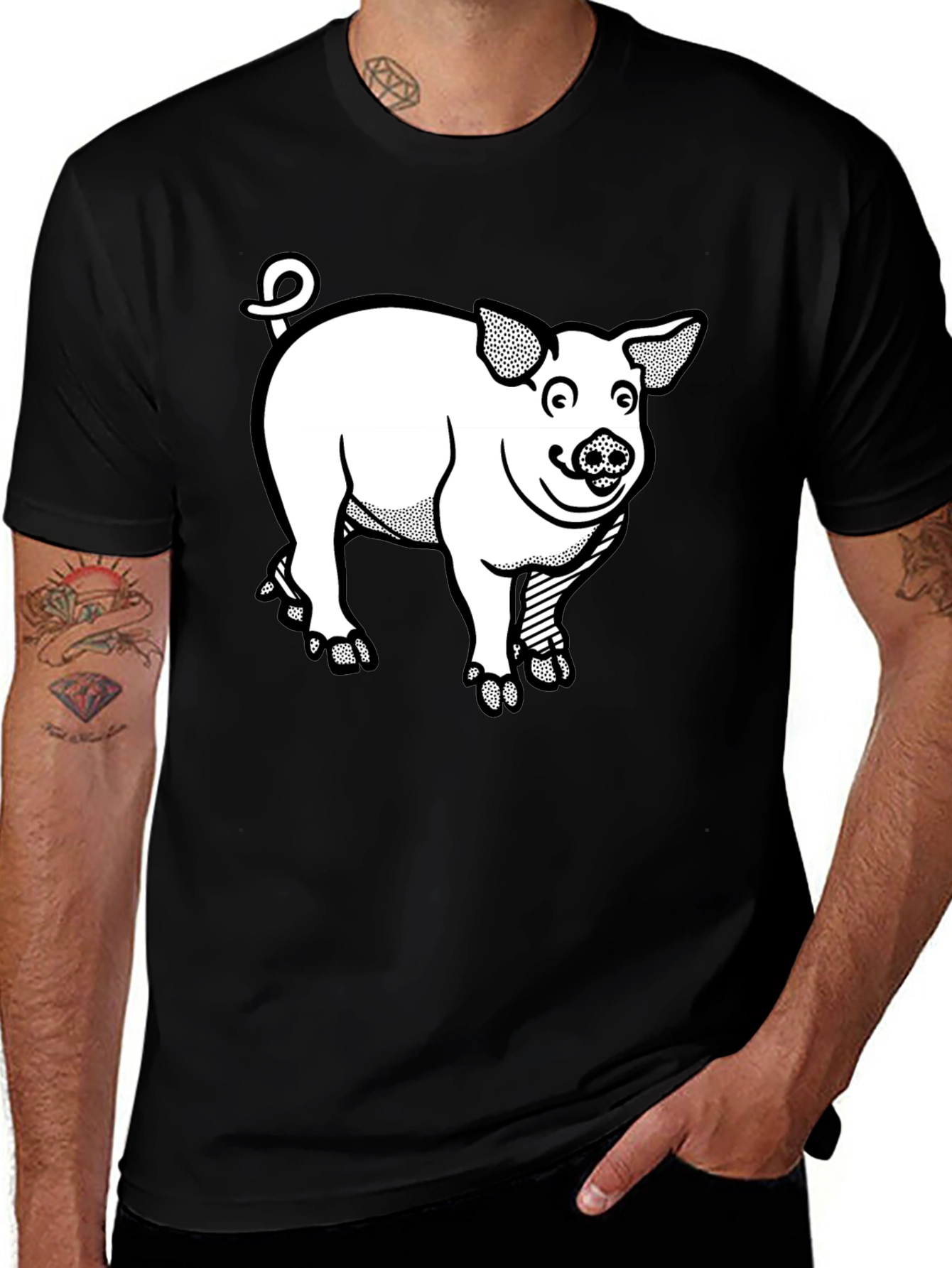Cartoon Pig Graphic Tee - Black T-Shirt