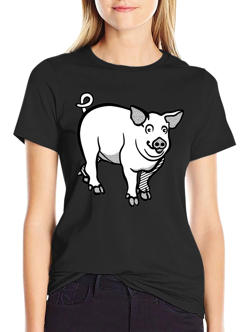 Cartoon Pig Graphic Tee - Black T-Shirt