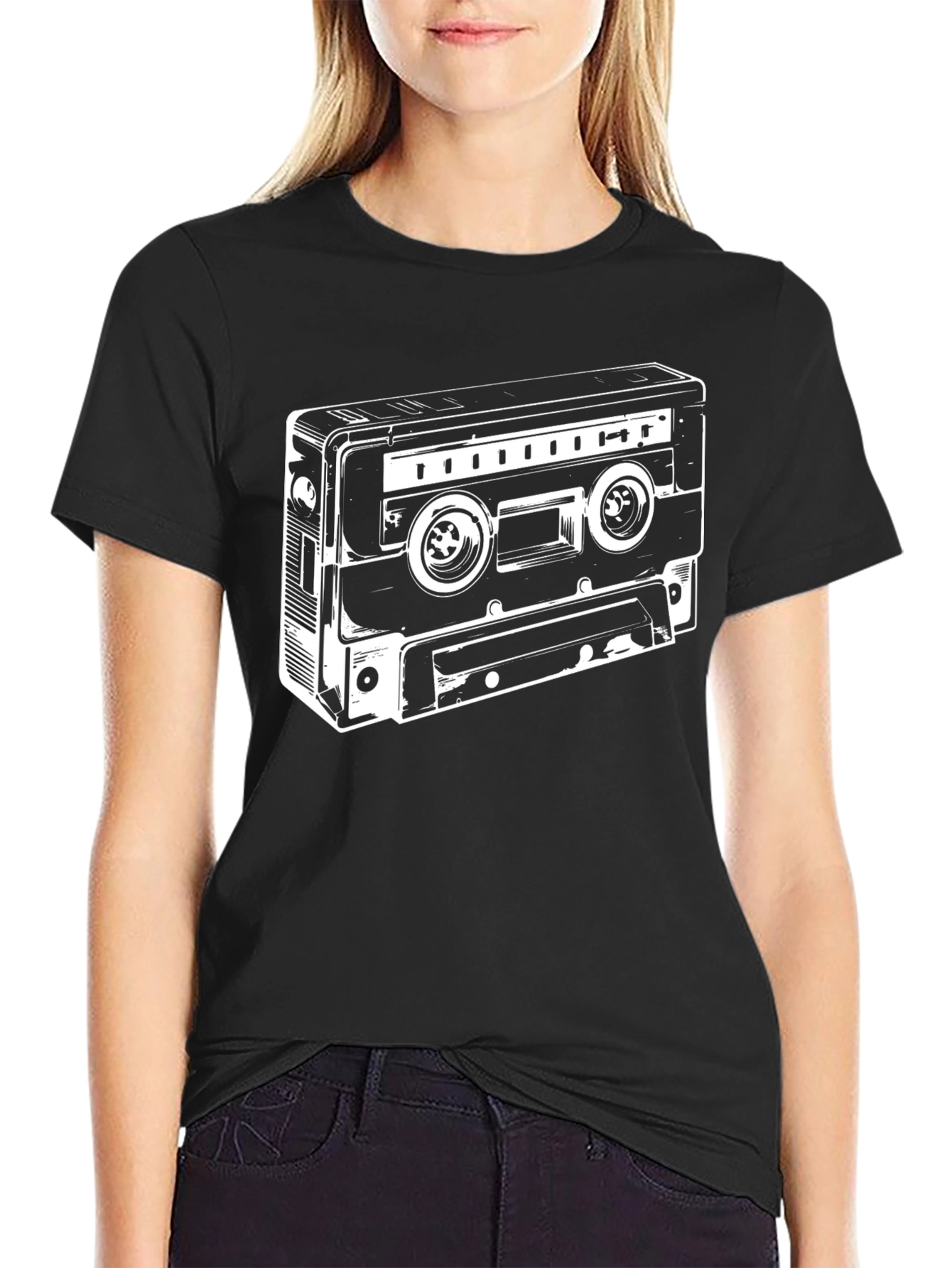 Retro Cassette Tape Graphic Tee - Black Cotton Blend