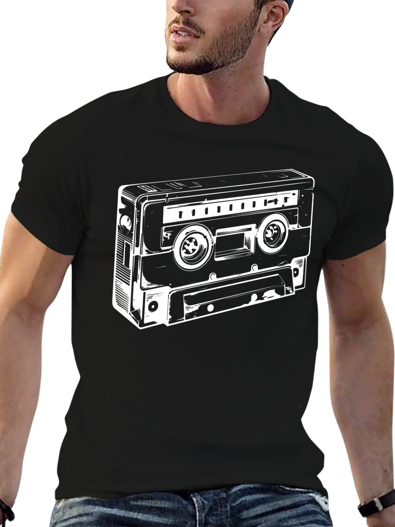 Retro Cassette Tape Graphic Tee - Black Cotton Blend