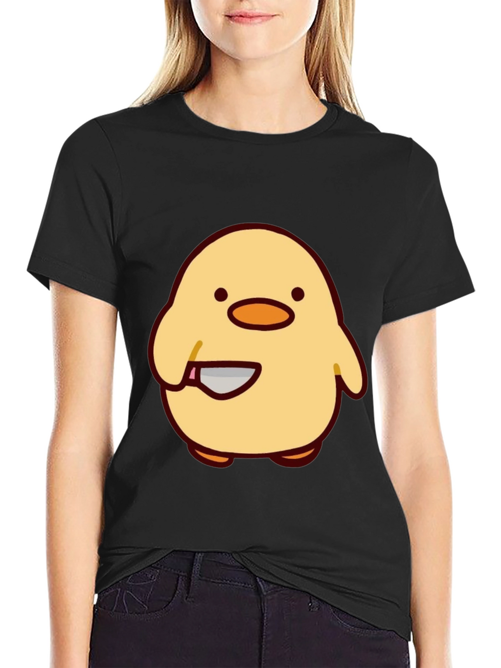 Cute Chick with Knife Graphic Tee - Black