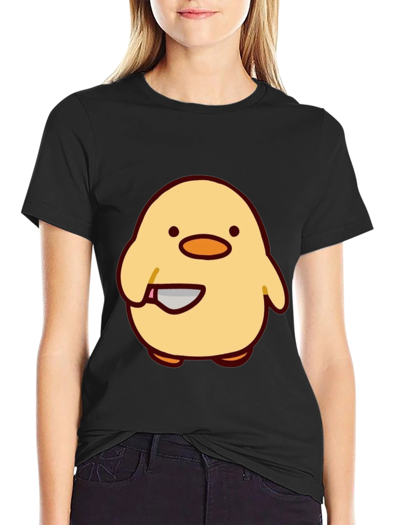 Cute Chick with Knife Graphic Tee - Black