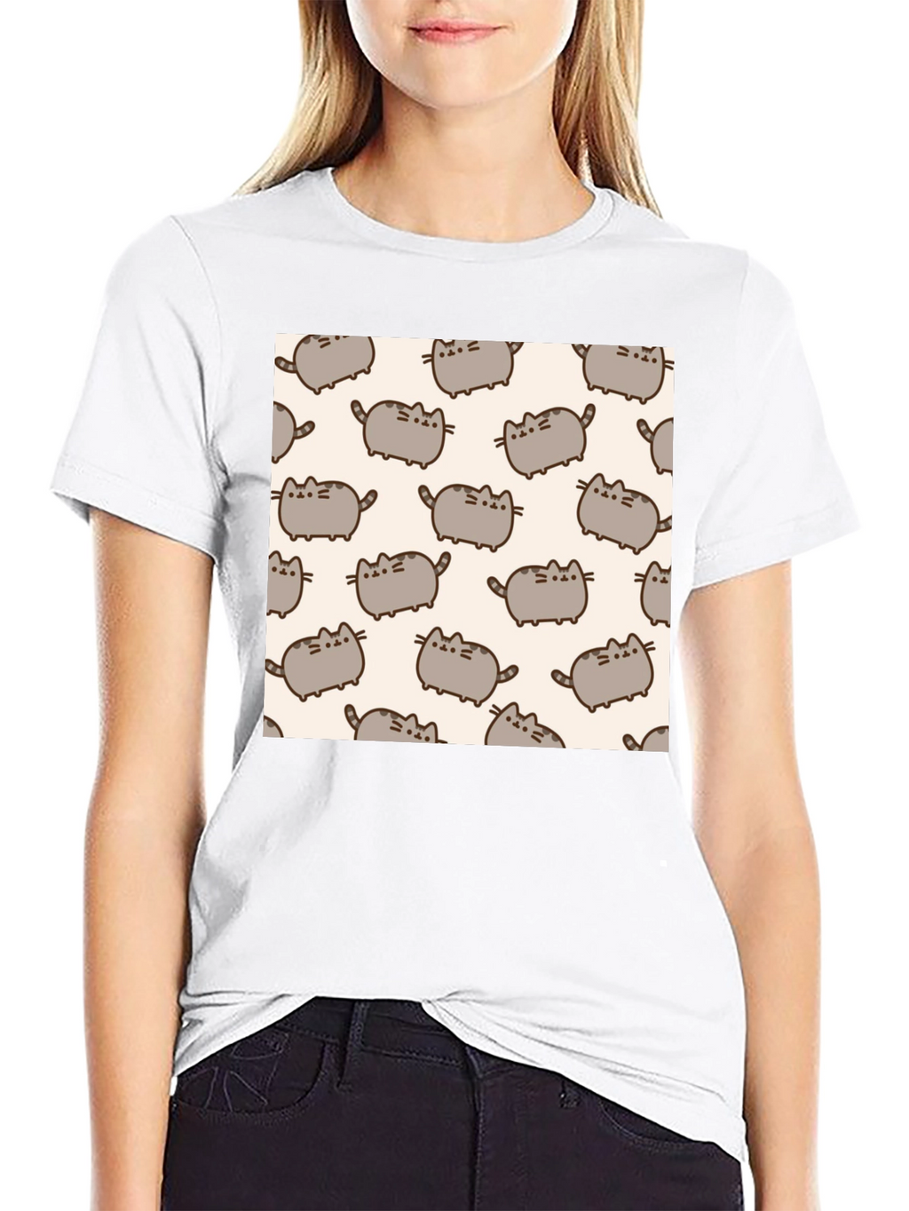 Pusheen Cat Pattern T-Shirt - Black