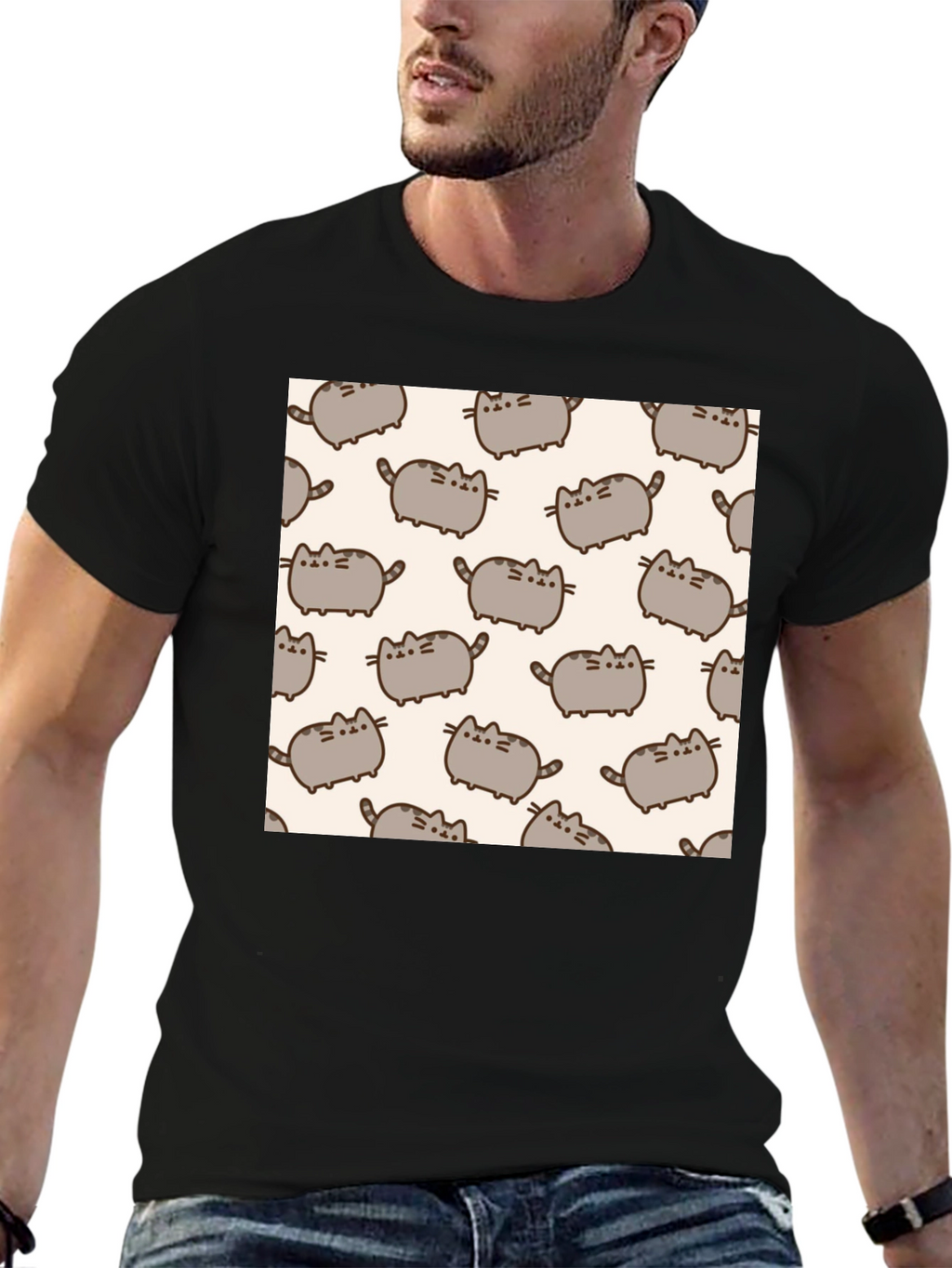 Pusheen Cat Pattern T-Shirt - Black