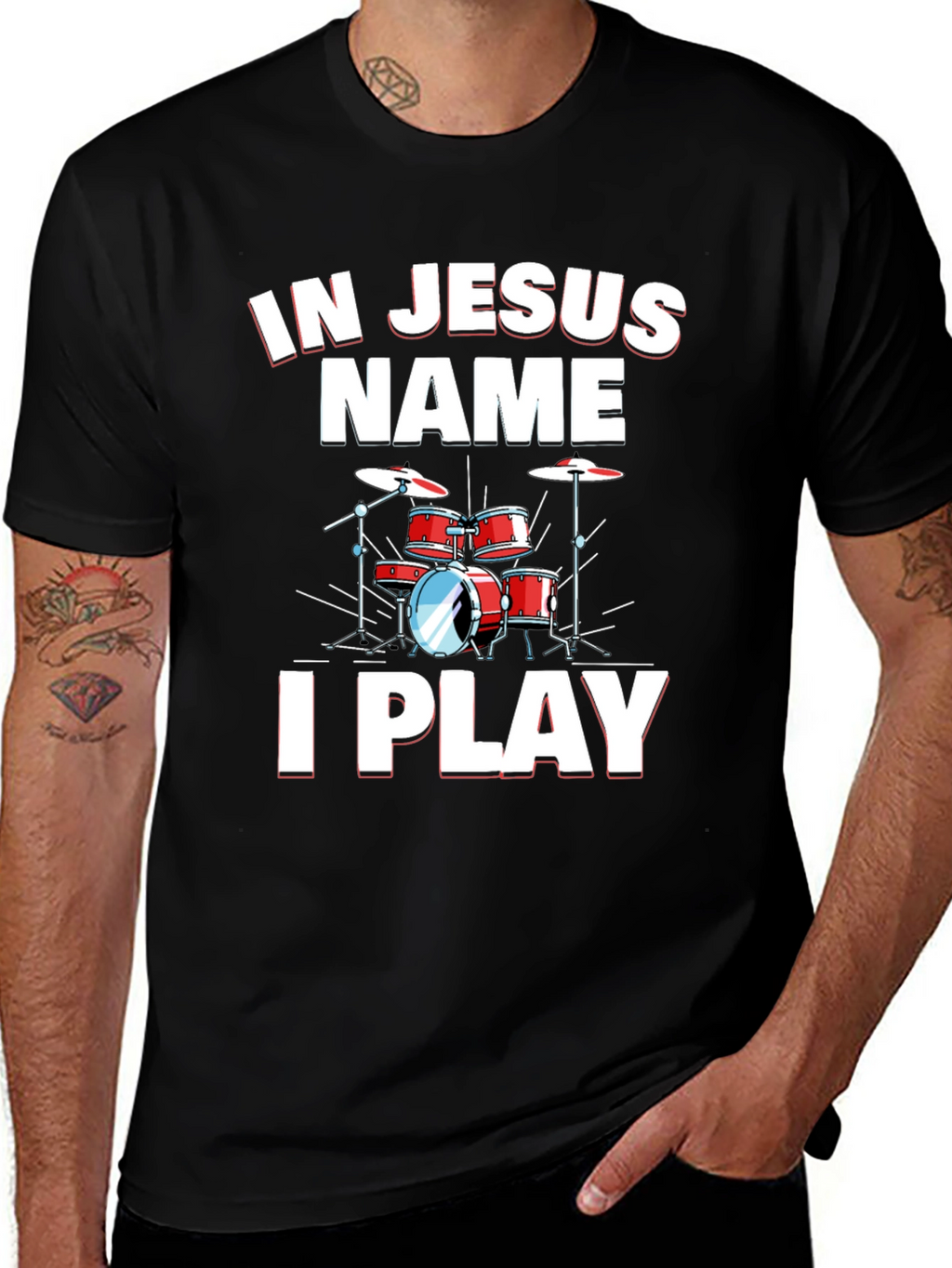 In Jesus Name I Play Drums Black T-Shirt