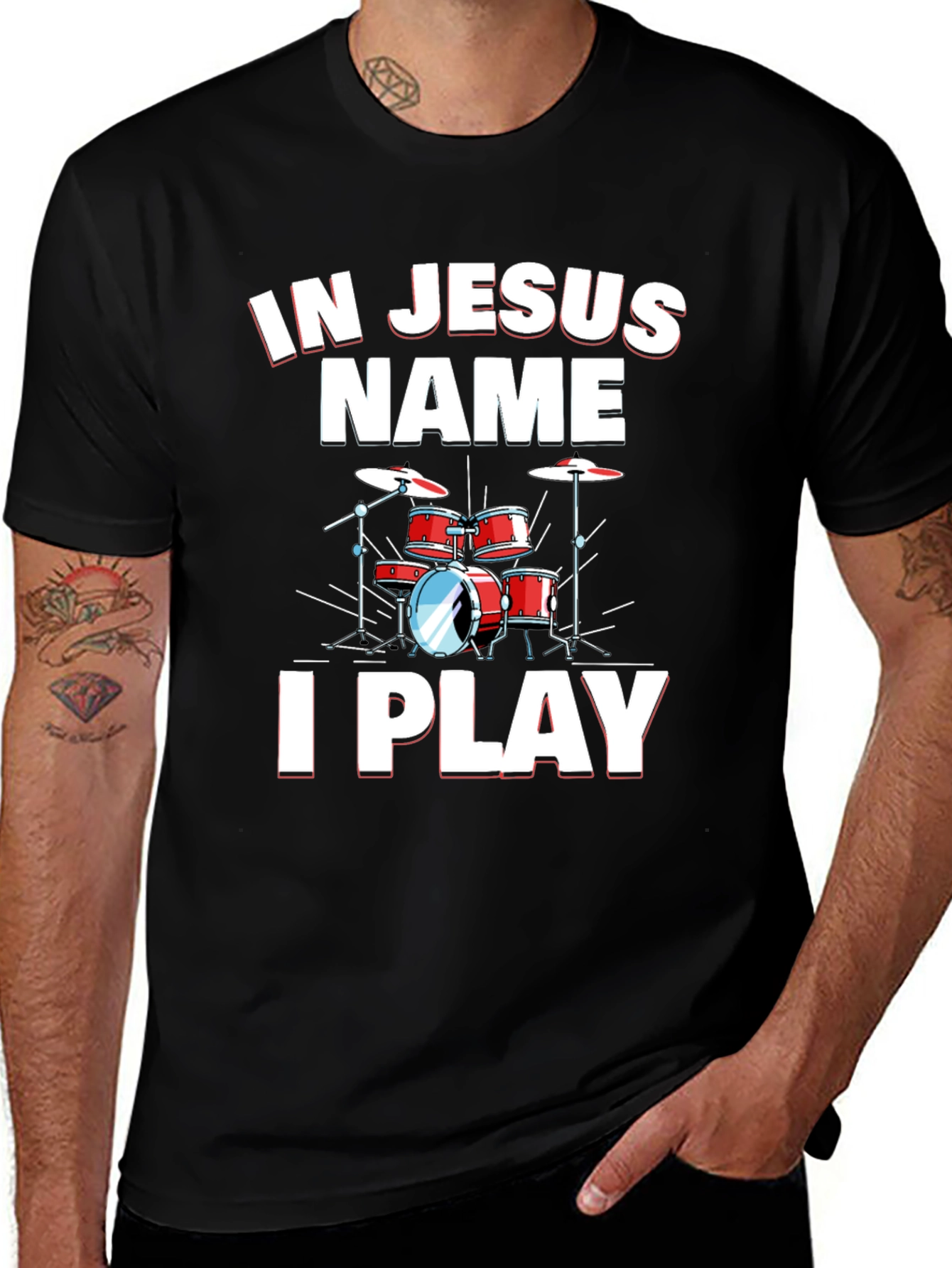 In Jesus Name I Play Drums Black T-Shirt