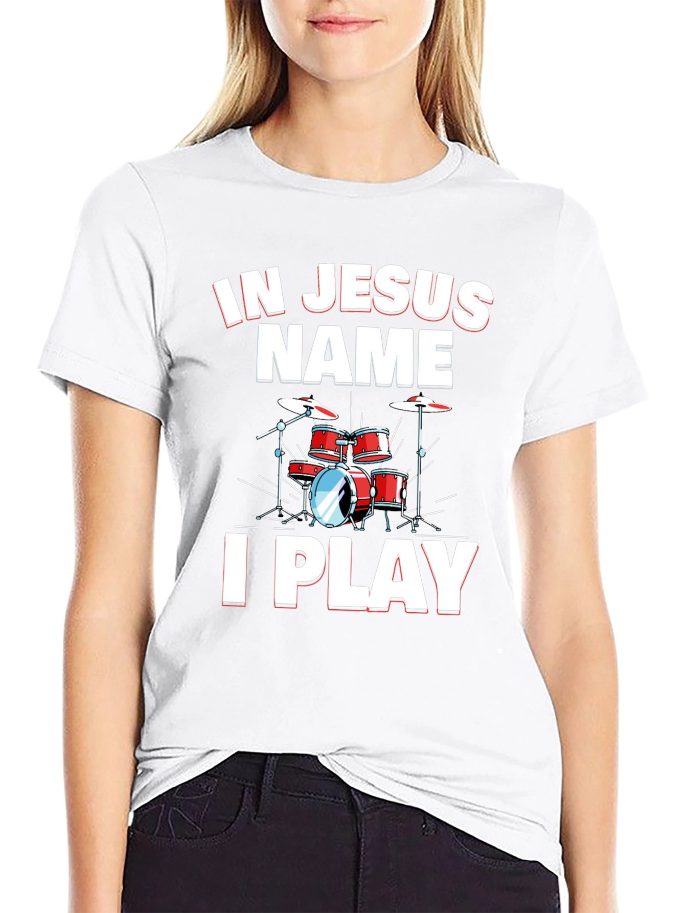 In Jesus Name I Play Drums Black T-Shirt