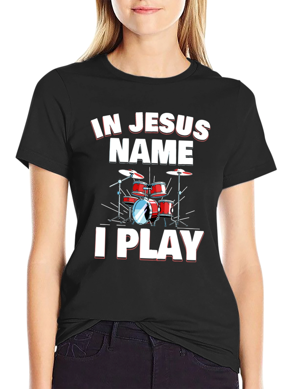 In Jesus Name I Play Drums Black T-Shirt