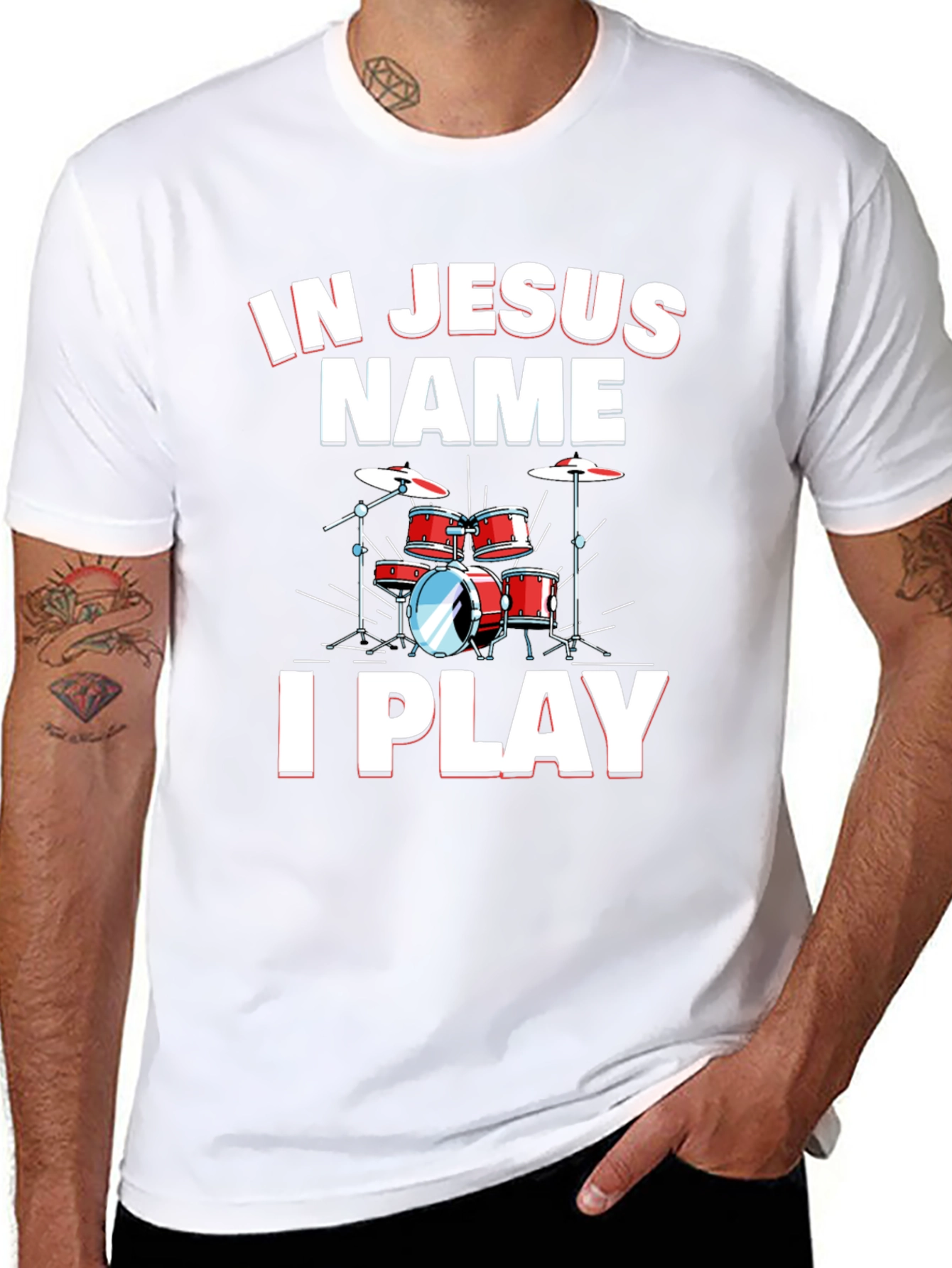 In Jesus Name I Play Drums Black T-Shirt