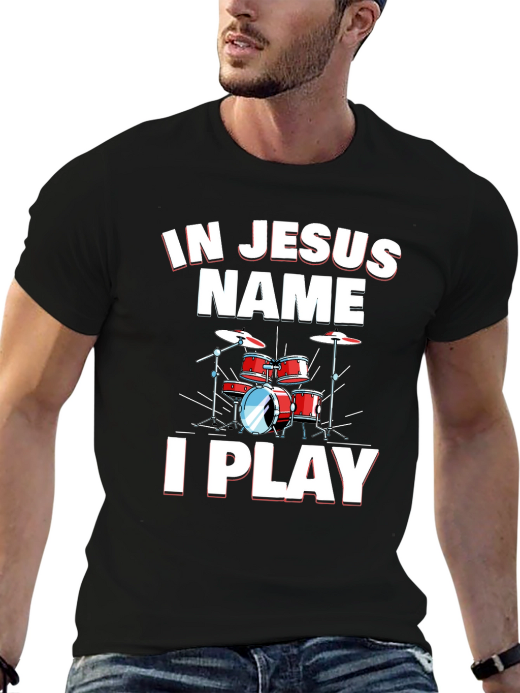 In Jesus Name I Play Drums Black T-Shirt