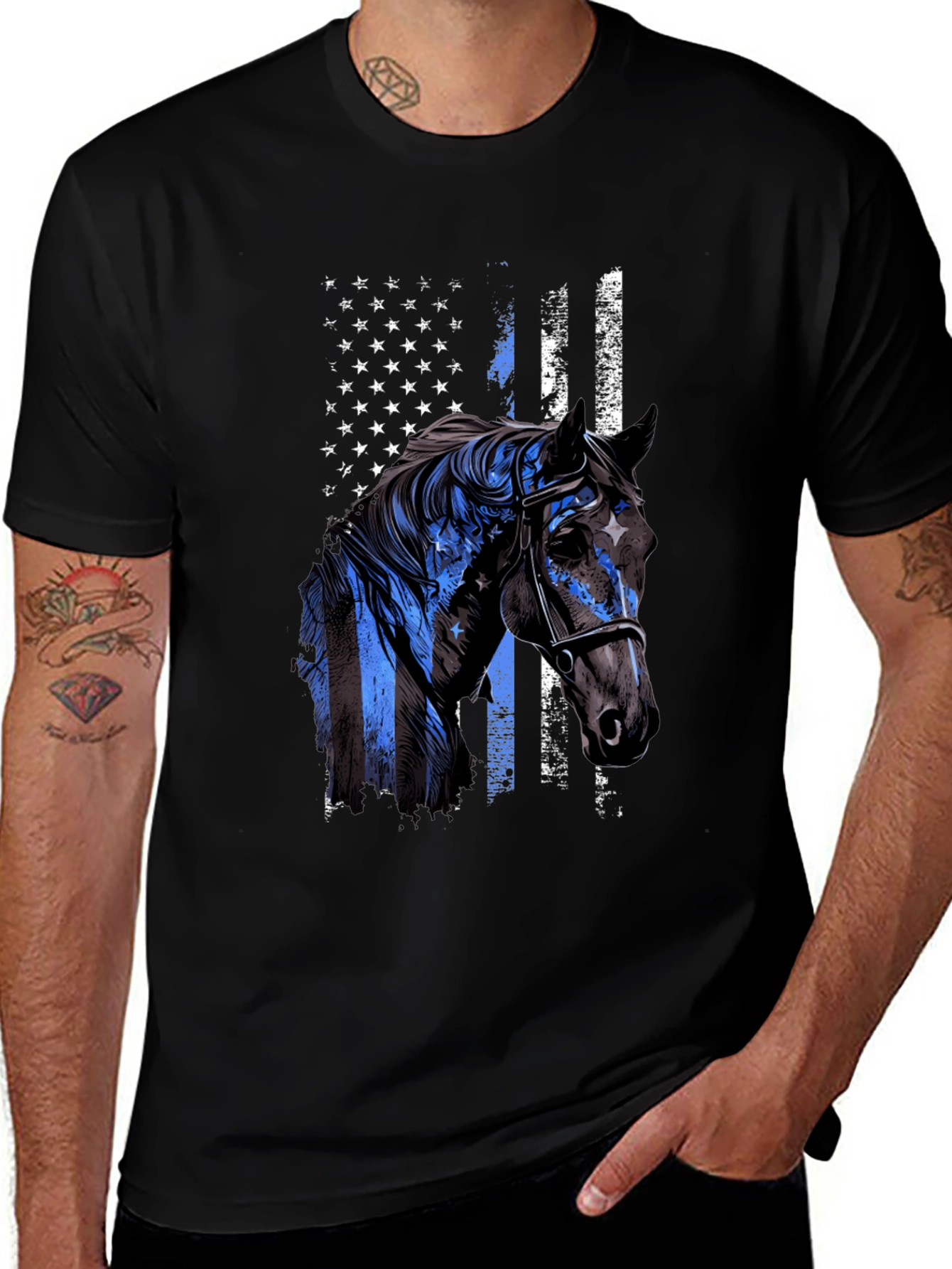 American Flag Horse Graphic Tee - Mens Black T-Shirt
