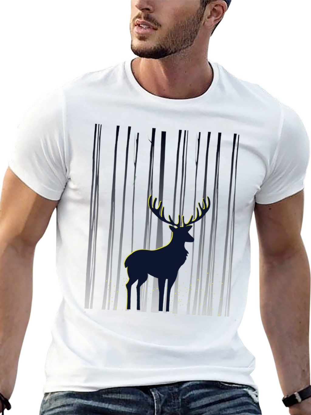 Mens Deer in Forest Graphic Black T-Shirt