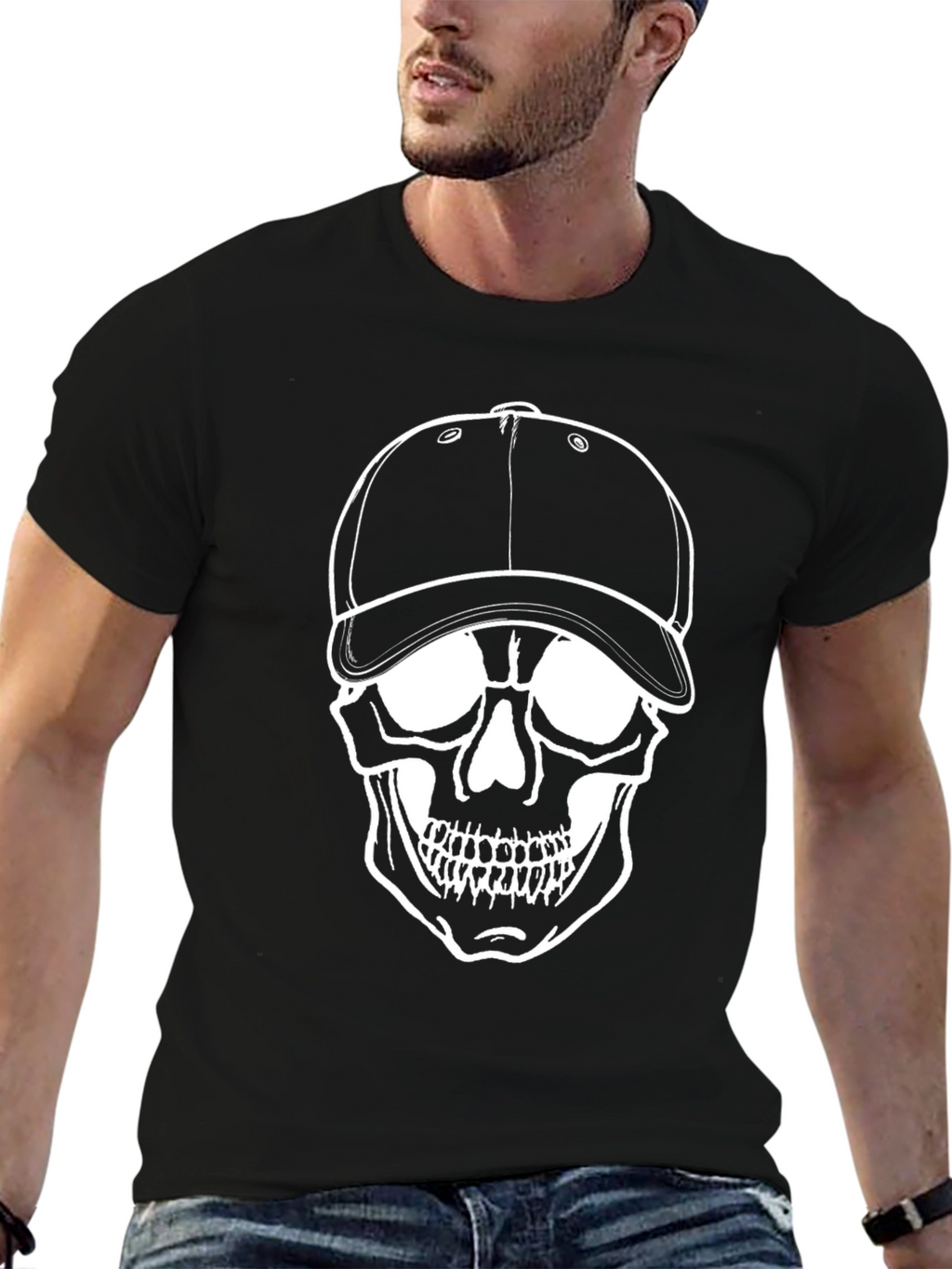 Skull Graphic T-Shirt - Baseball Cap Design