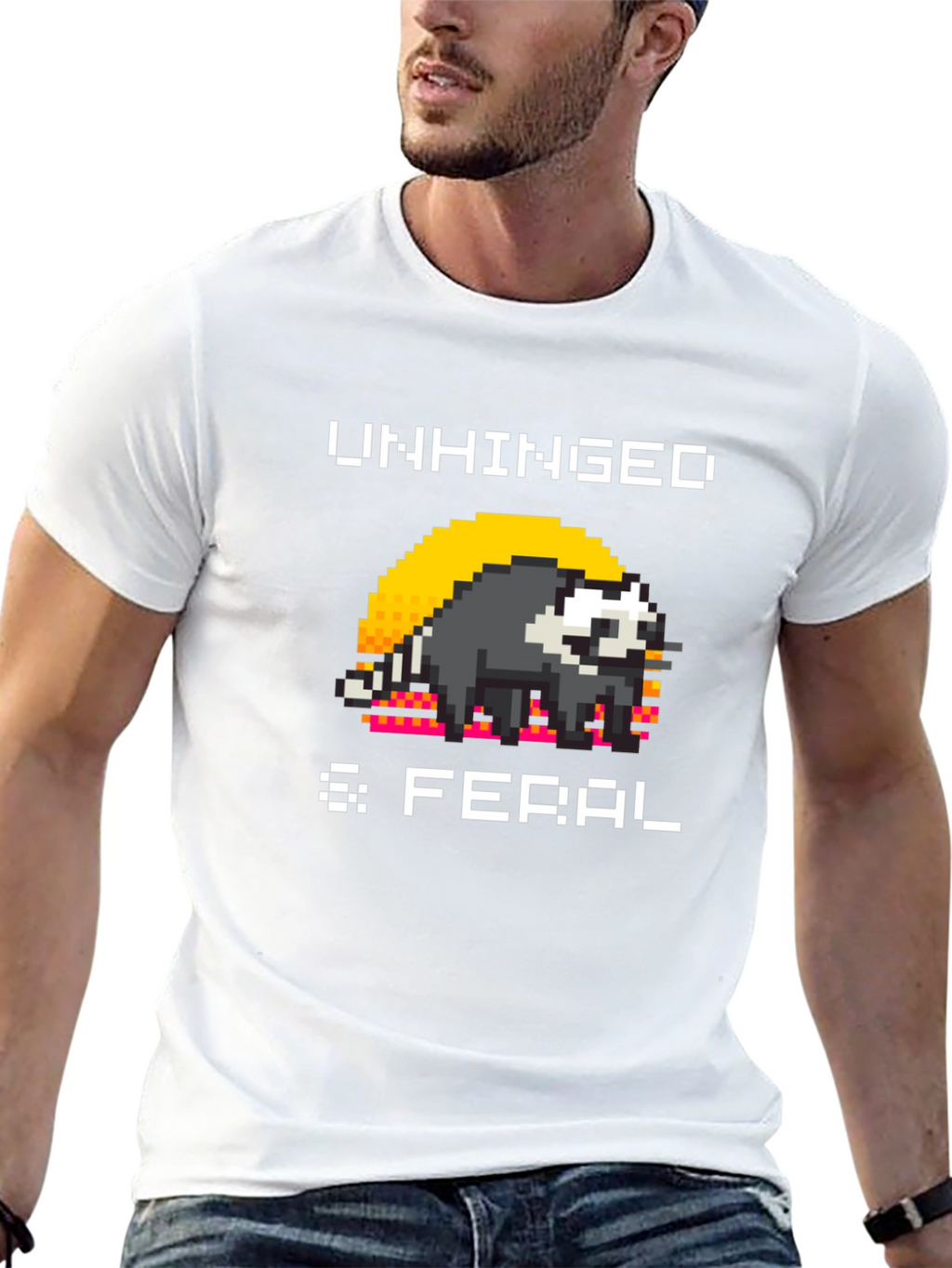 Unhinged & Feral T-Shirt - Pixel Art Raccoon Tee