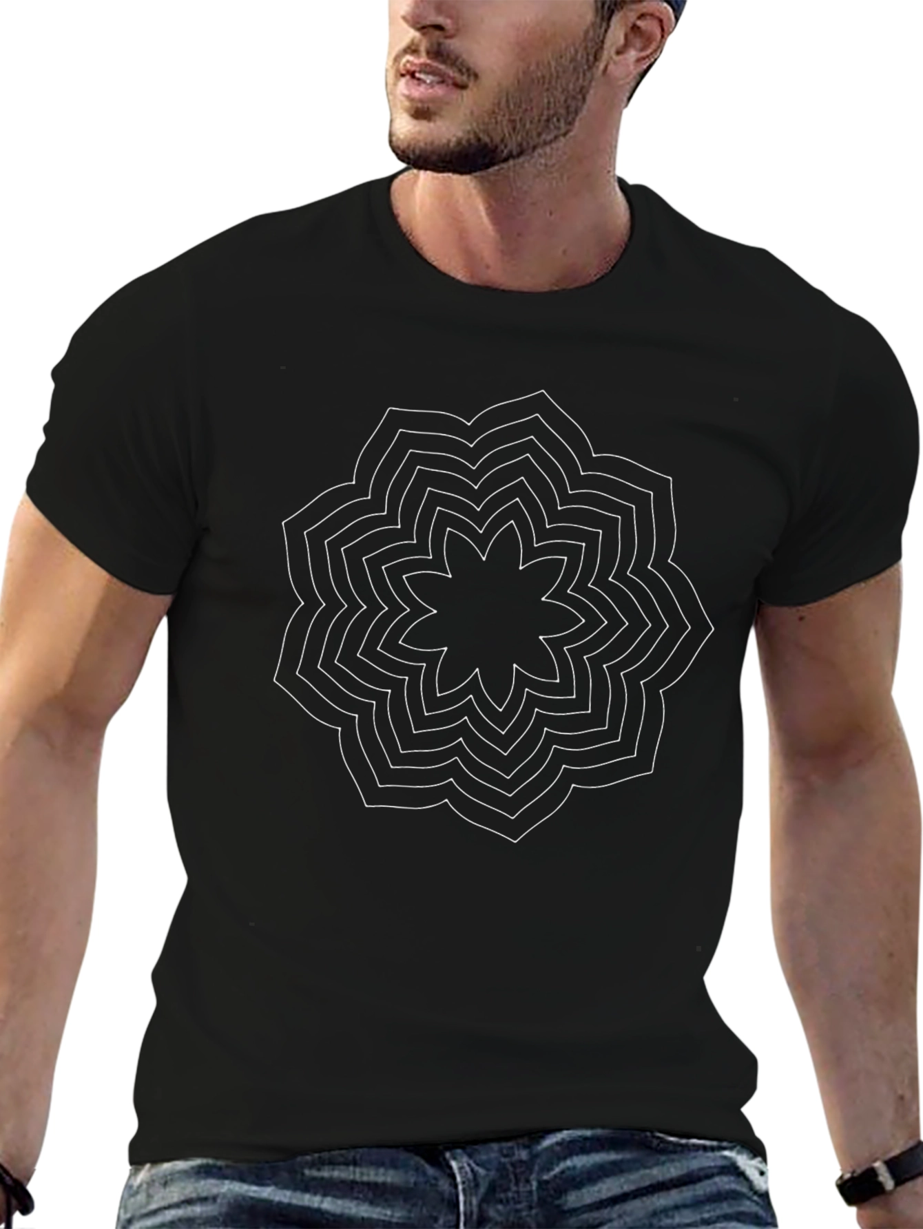 Geometric Flower Graphic Black T-Shirt
