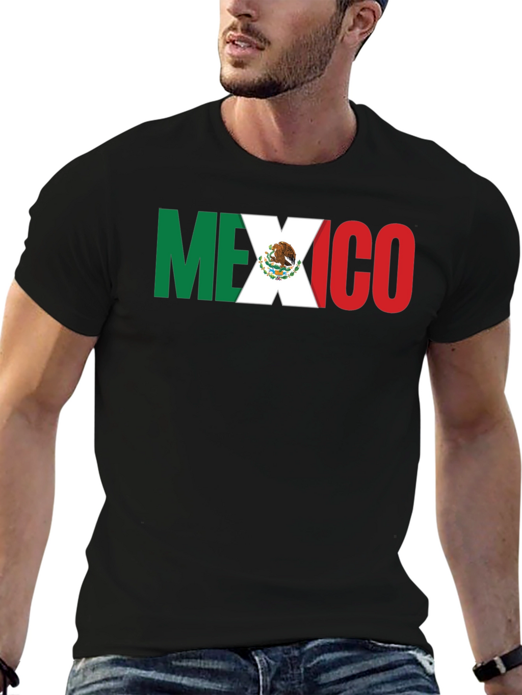 Mexico Flag T-Shirt - Black Crew Neck