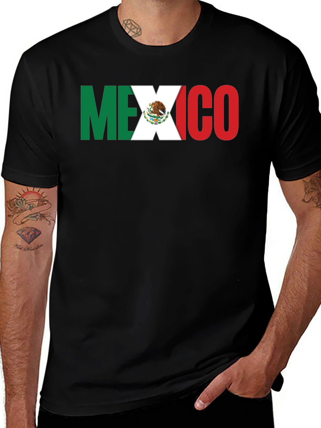 Mexico Flag T-Shirt - Black Crew Neck