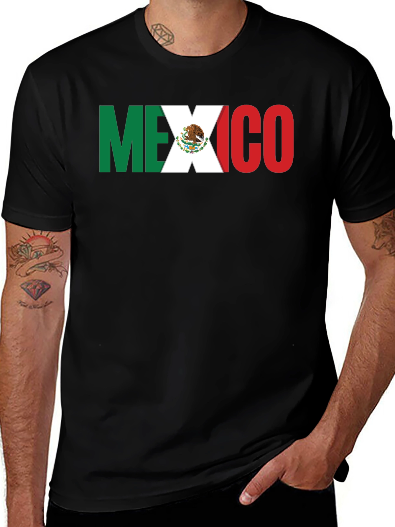 Mexico Flag T-Shirt - Black Crew Neck