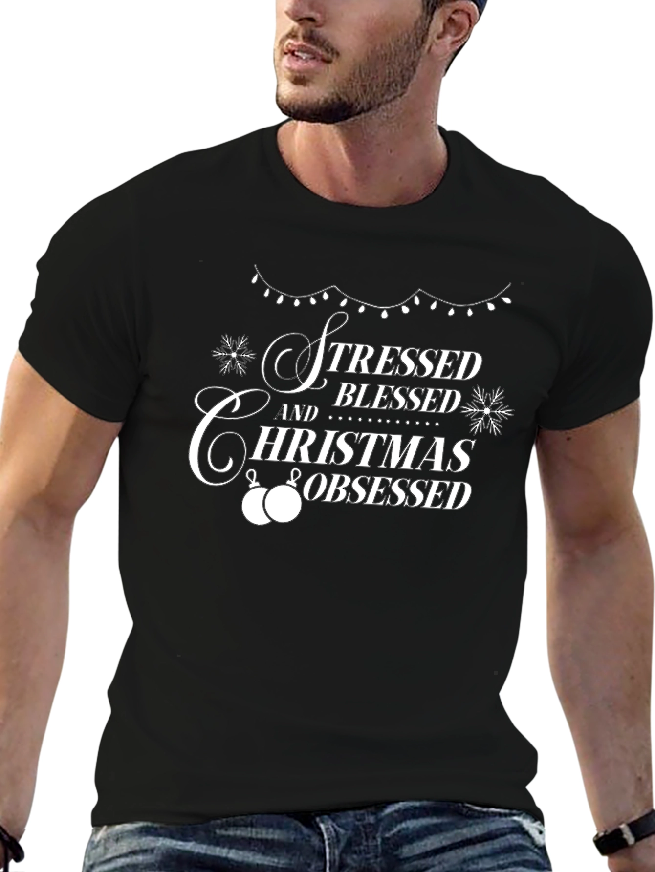Stressed Blessed Christmas Obsessed Black T-Shirt