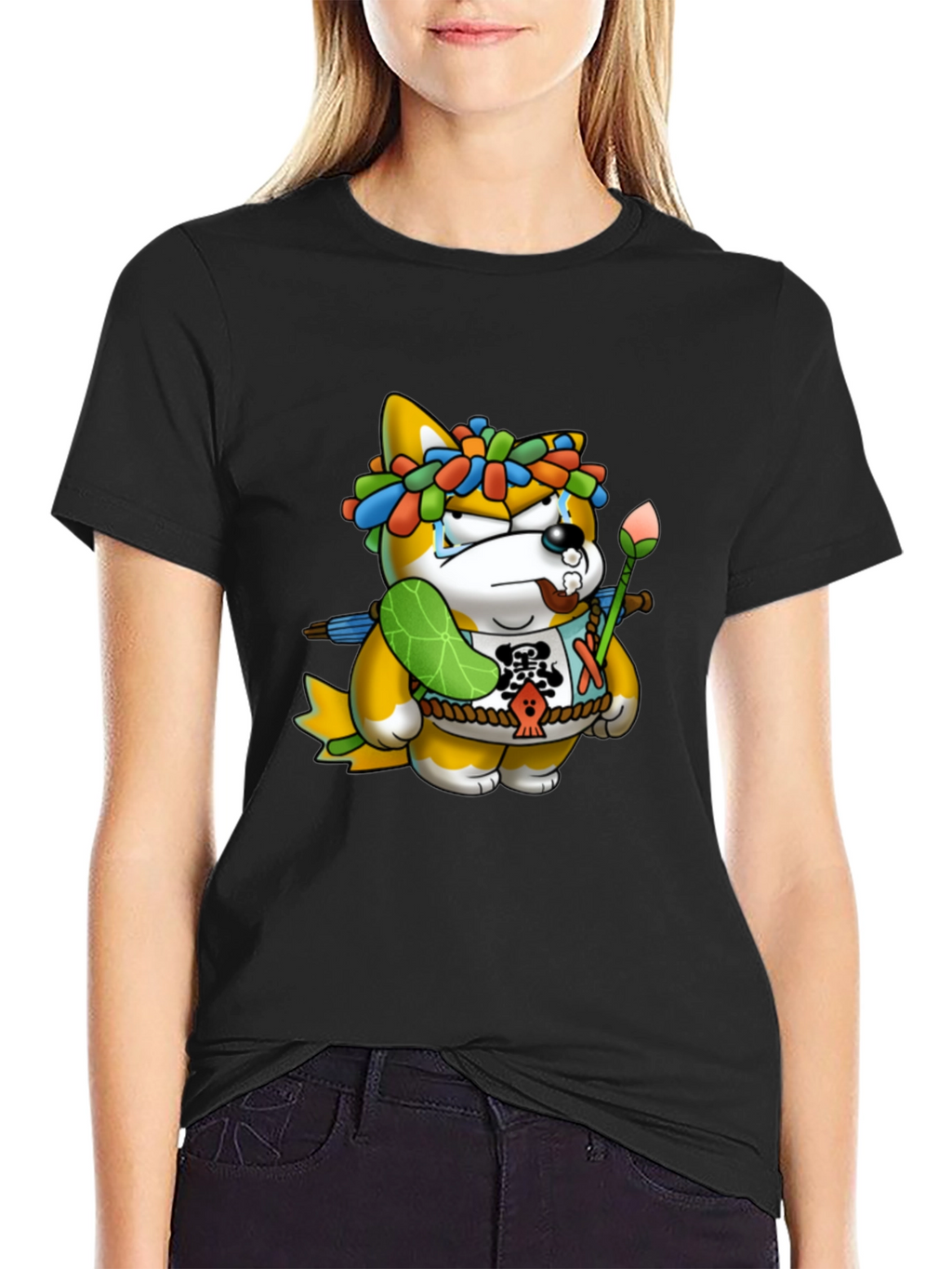 Shiba Inu Cartoon Graphic Black T-Shirt
