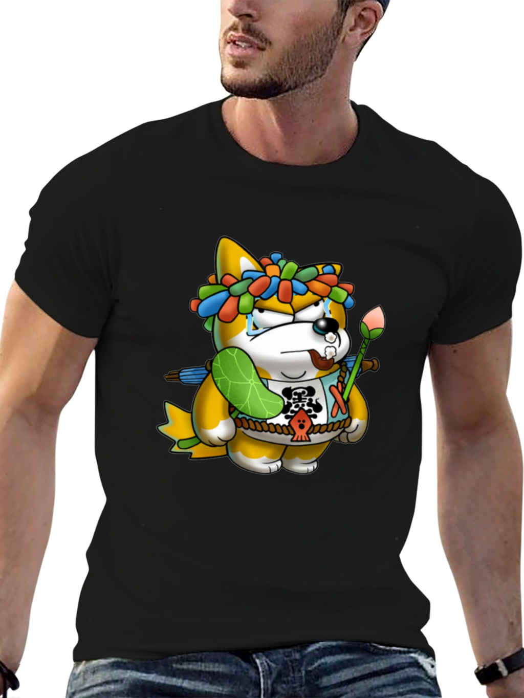 Shiba Inu Cartoon Graphic Black T-Shirt
