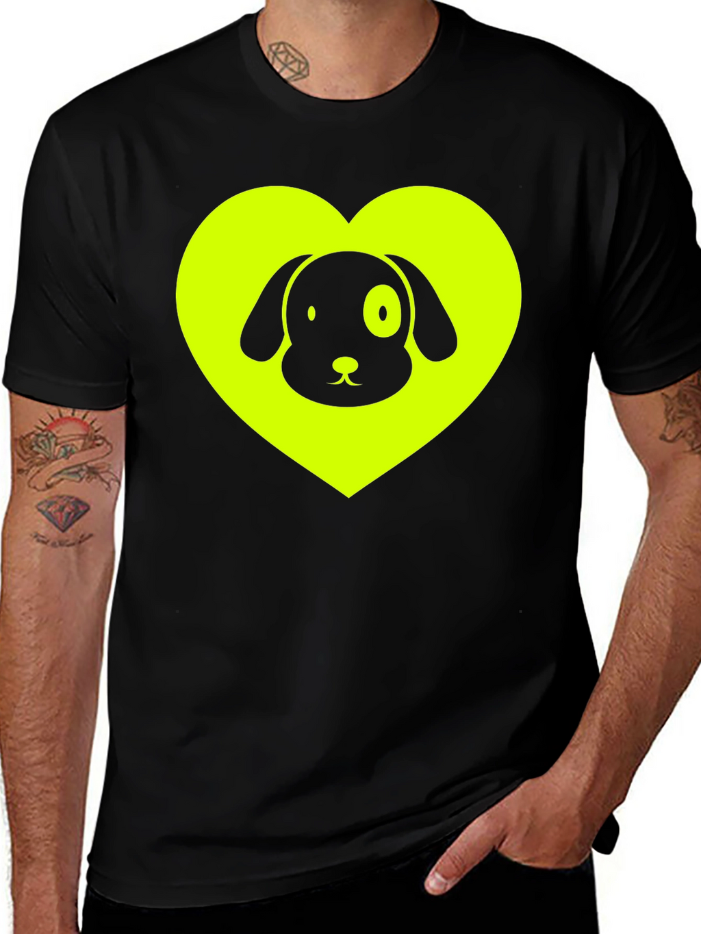 Dog Lover Black T-Shirt - Neon Heart Design