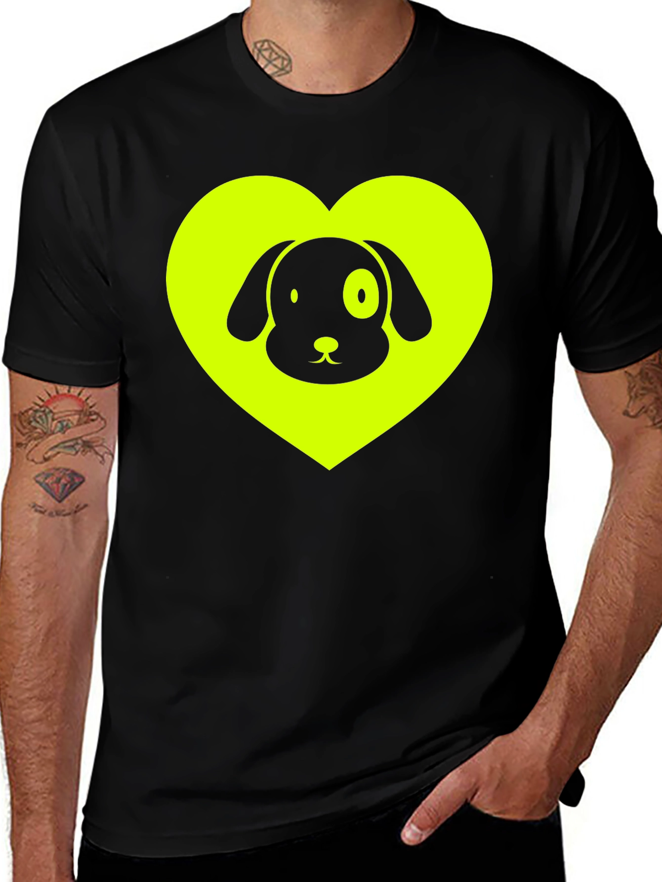 Dog Lover Black T-Shirt - Neon Heart Design