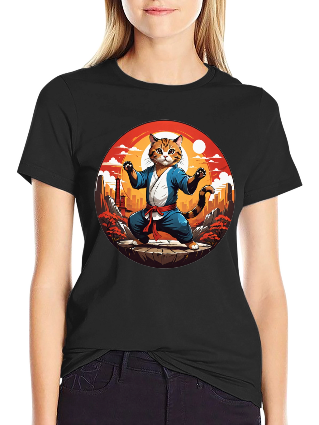 Martial Arts Cat T-Shirt - Black Cotton Tee