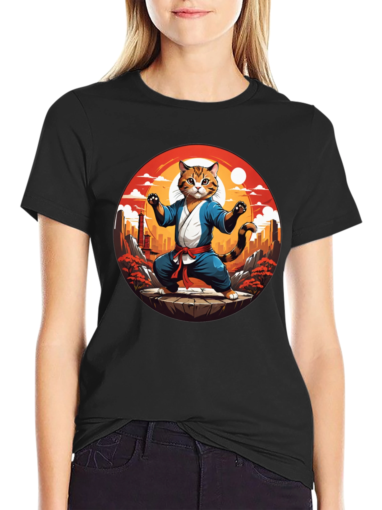 Martial Arts Cat T-Shirt - Black Cotton Tee