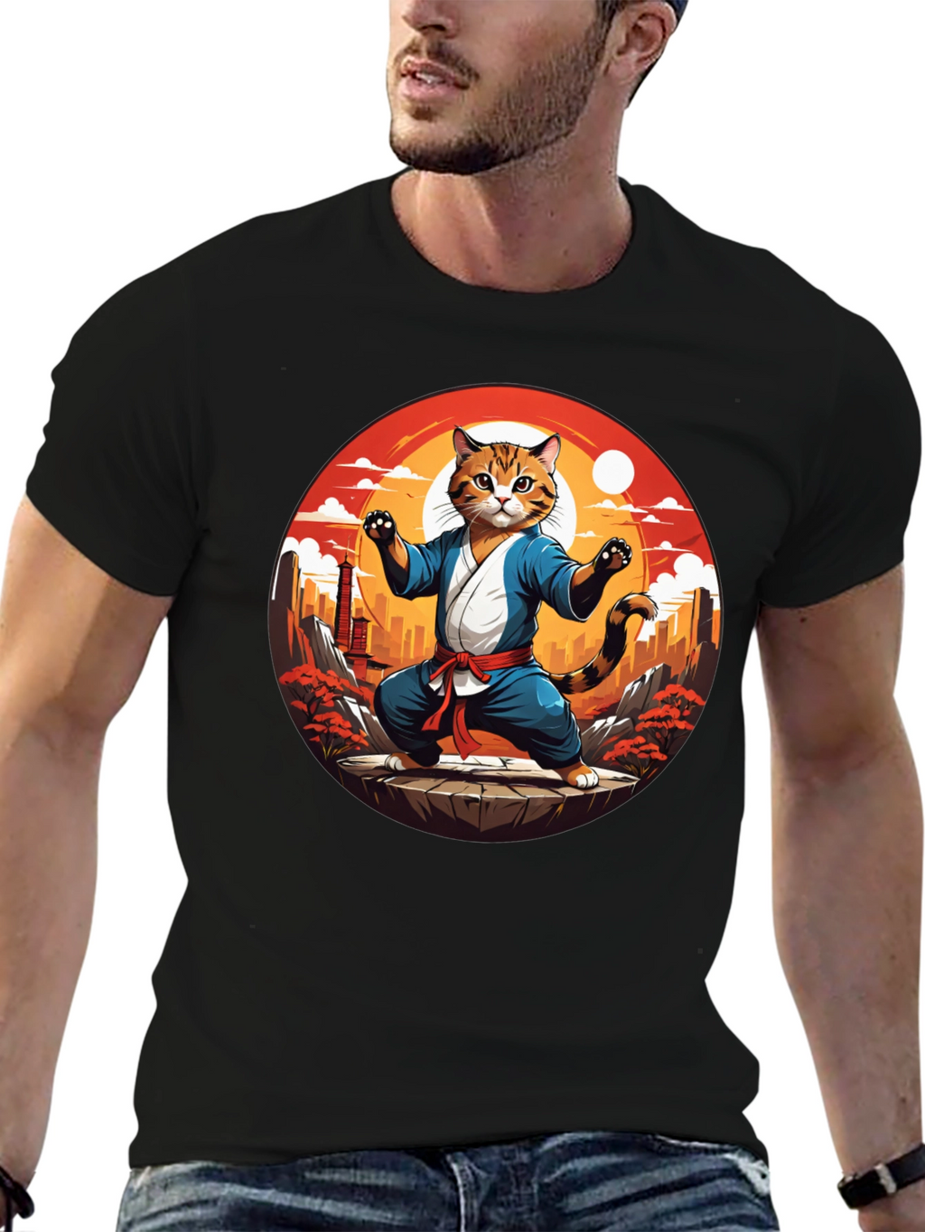 Martial Arts Cat T-Shirt - Black Cotton Tee
