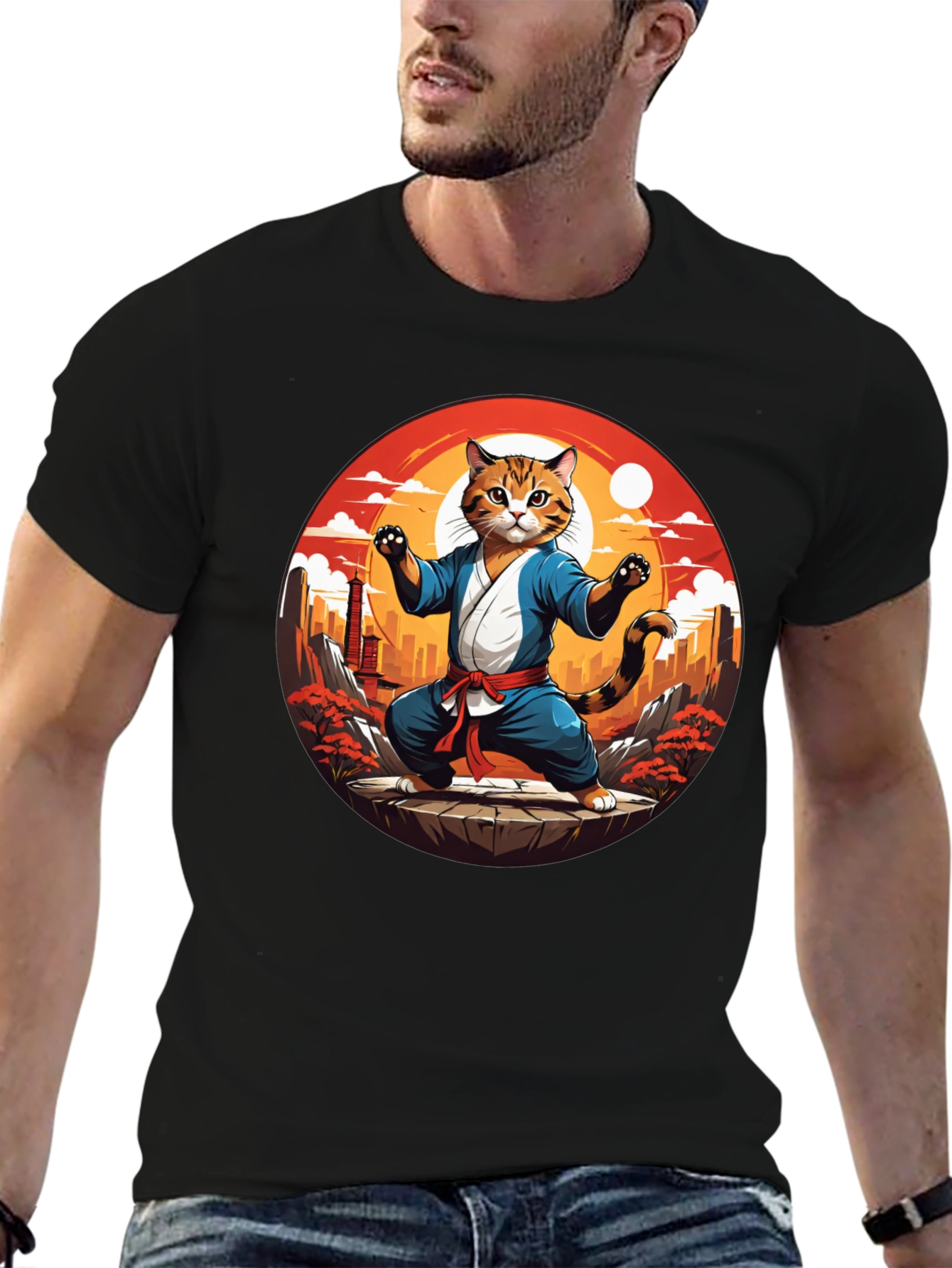 Martial Arts Cat T-Shirt - Black Cotton Tee