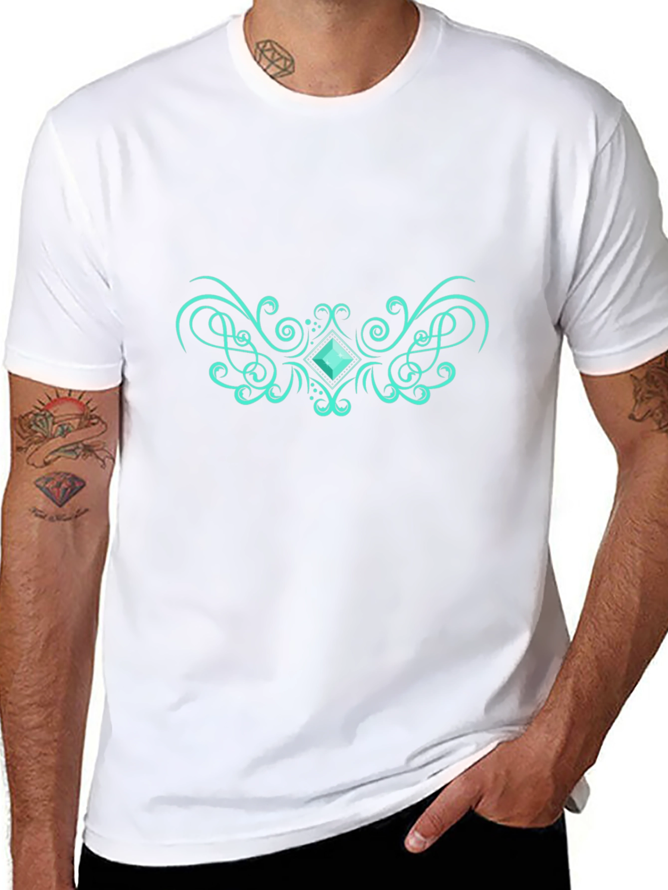 Elegant Black Tee with Teal Gem Design