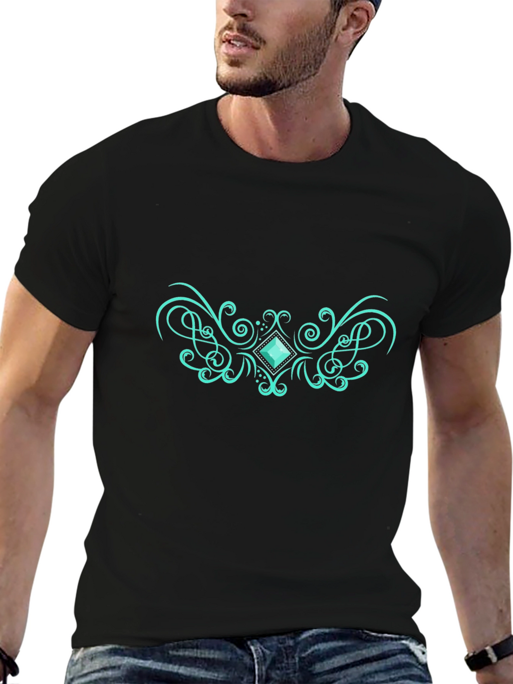Elegant Black Tee with Teal Gem Design