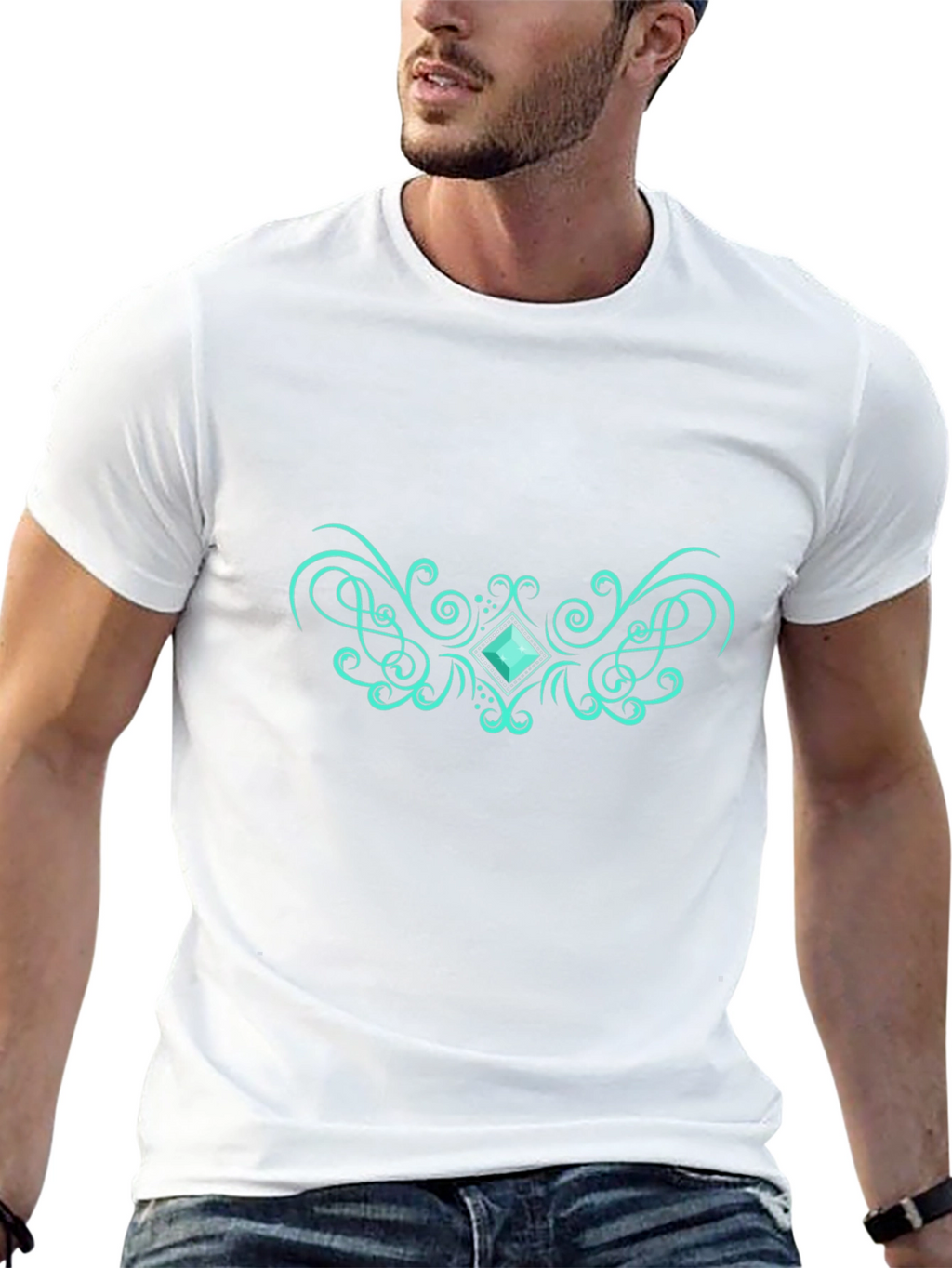 Elegant Black Tee with Teal Gem Design
