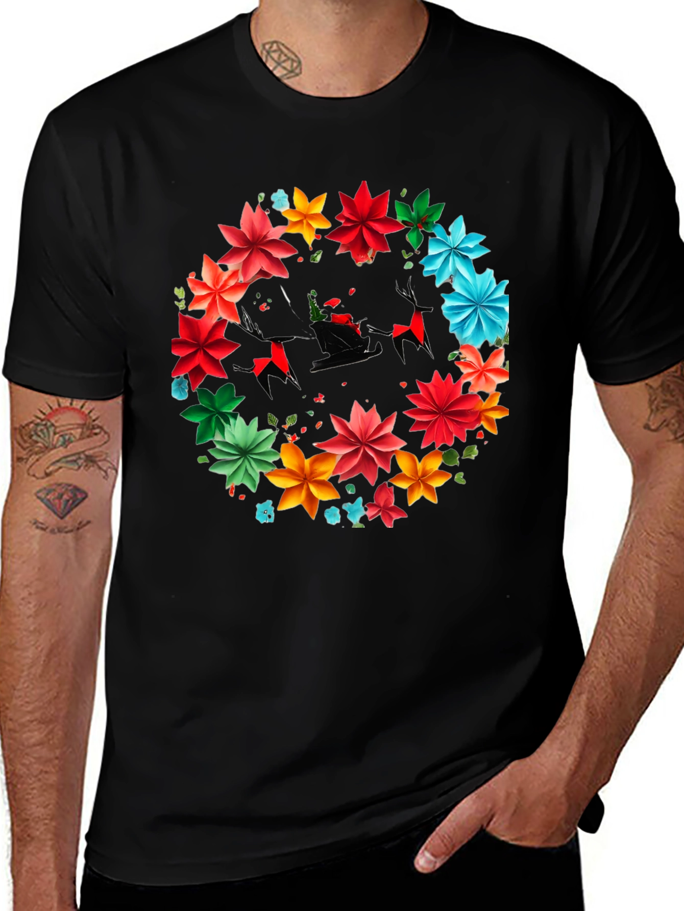 Festive Floral Santa Sleigh Graphic Tee