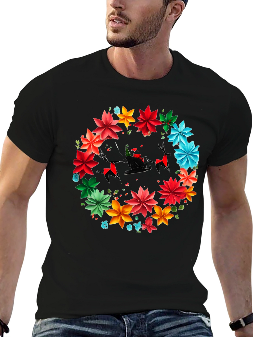 Festive Floral Santa Sleigh Graphic Tee
