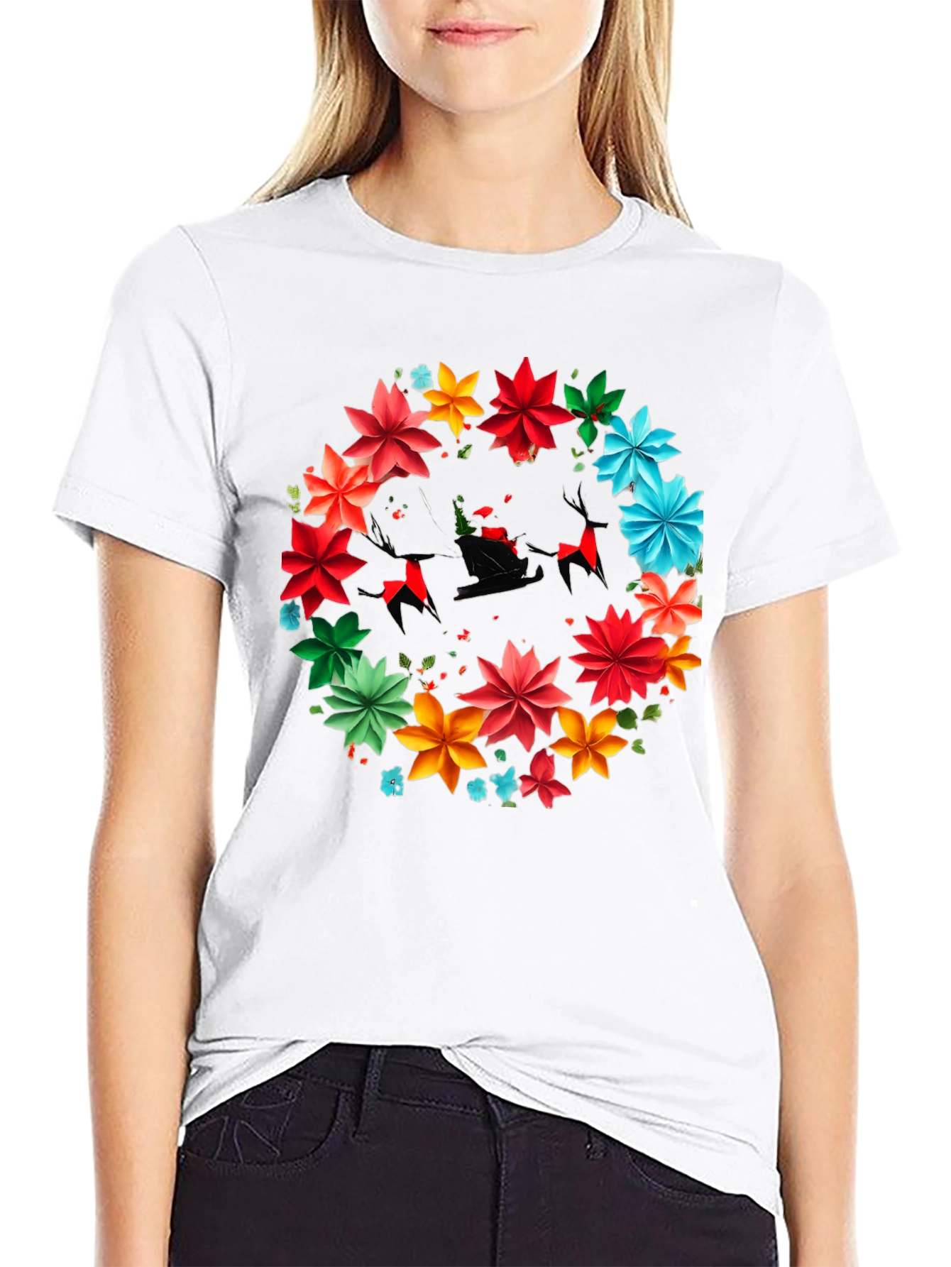 Festive Floral Santa Sleigh Graphic Tee