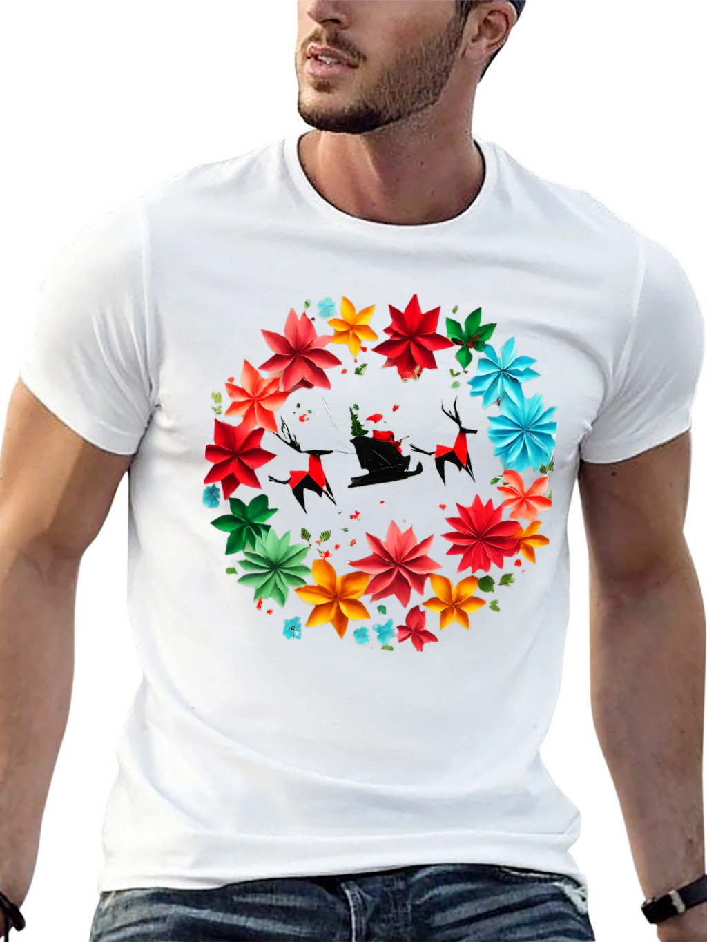 Festive Floral Santa Sleigh Graphic Tee