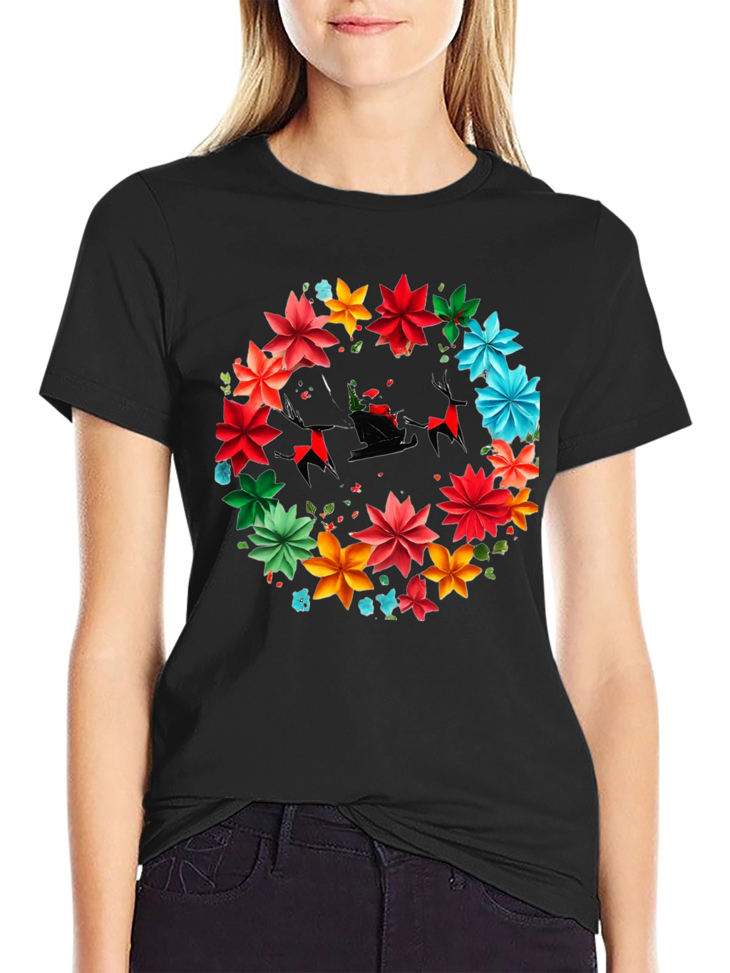 Festive Floral Santa Sleigh Graphic Tee