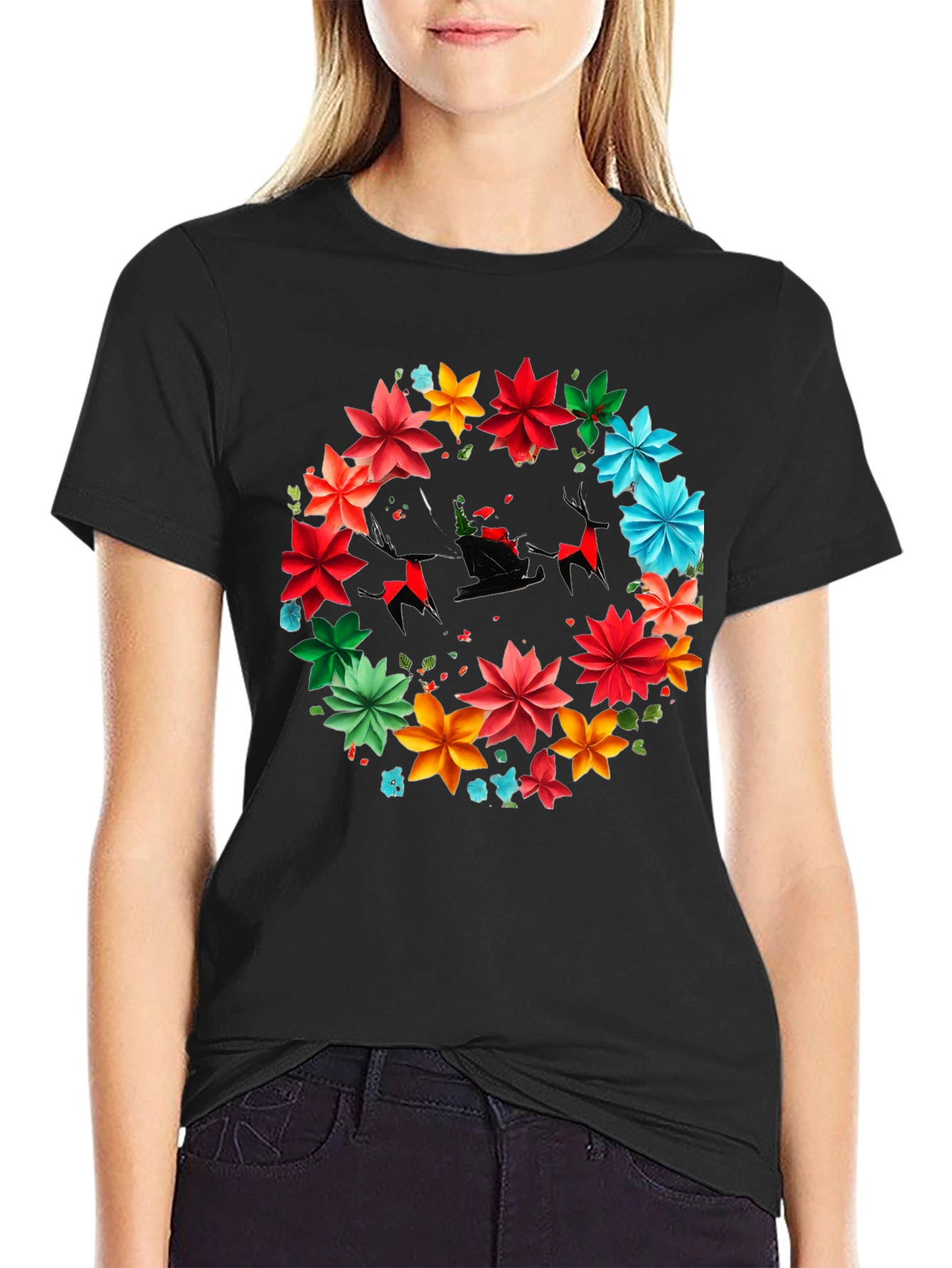 Festive Floral Santa Sleigh Graphic Tee